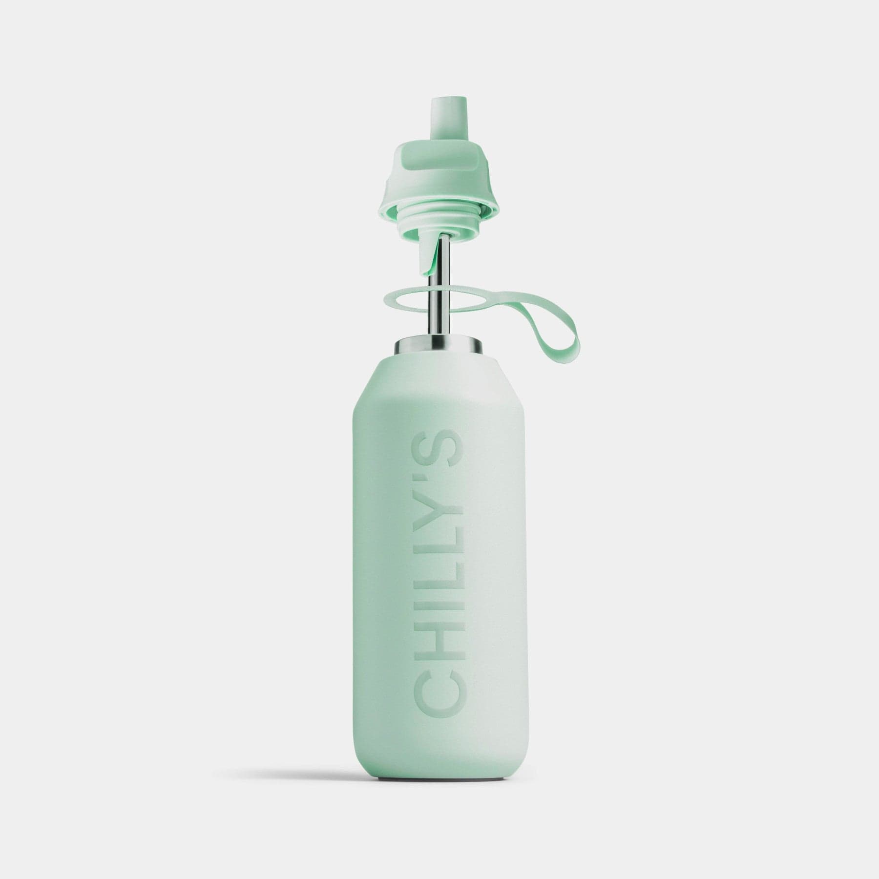 Mint green Chilly's stainless steel water bottle with sports cap and carry loop on white background