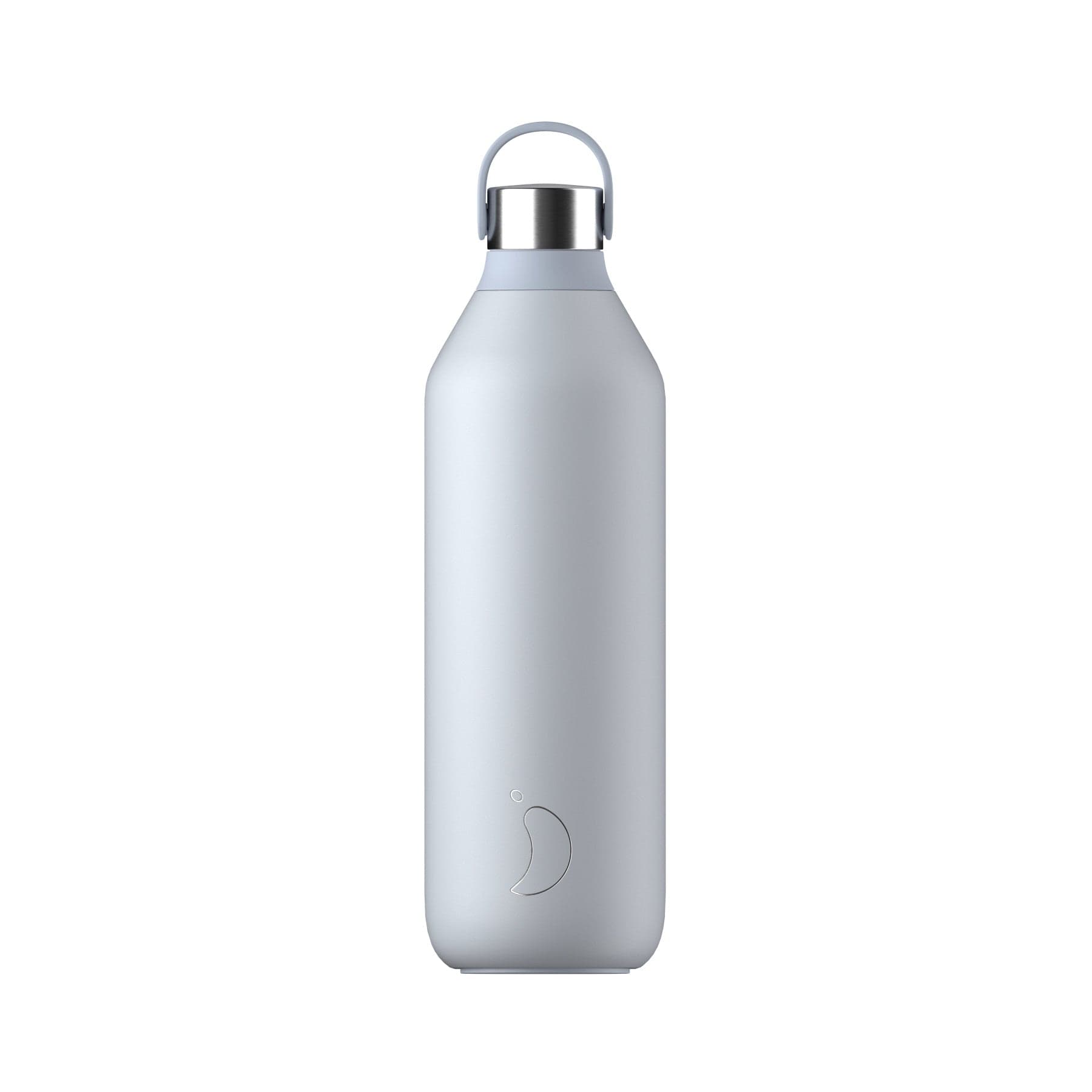 Insulated stainless steel water bottle, reusable, eco-friendly, silver color, with metallic cap and logo design on the front.