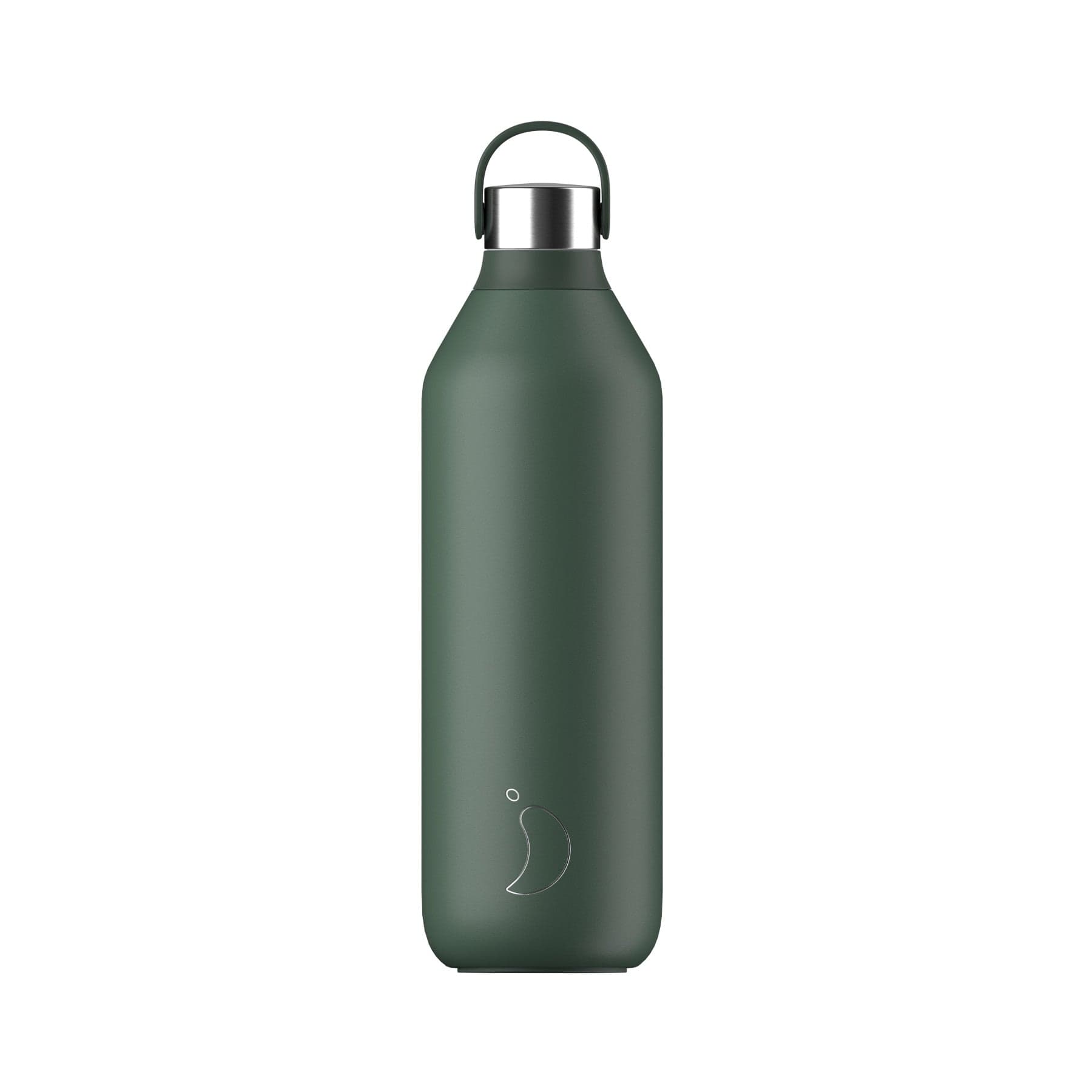 Green insulated stainless steel water bottle with a silver cap and minimalistic fish logo on a white background