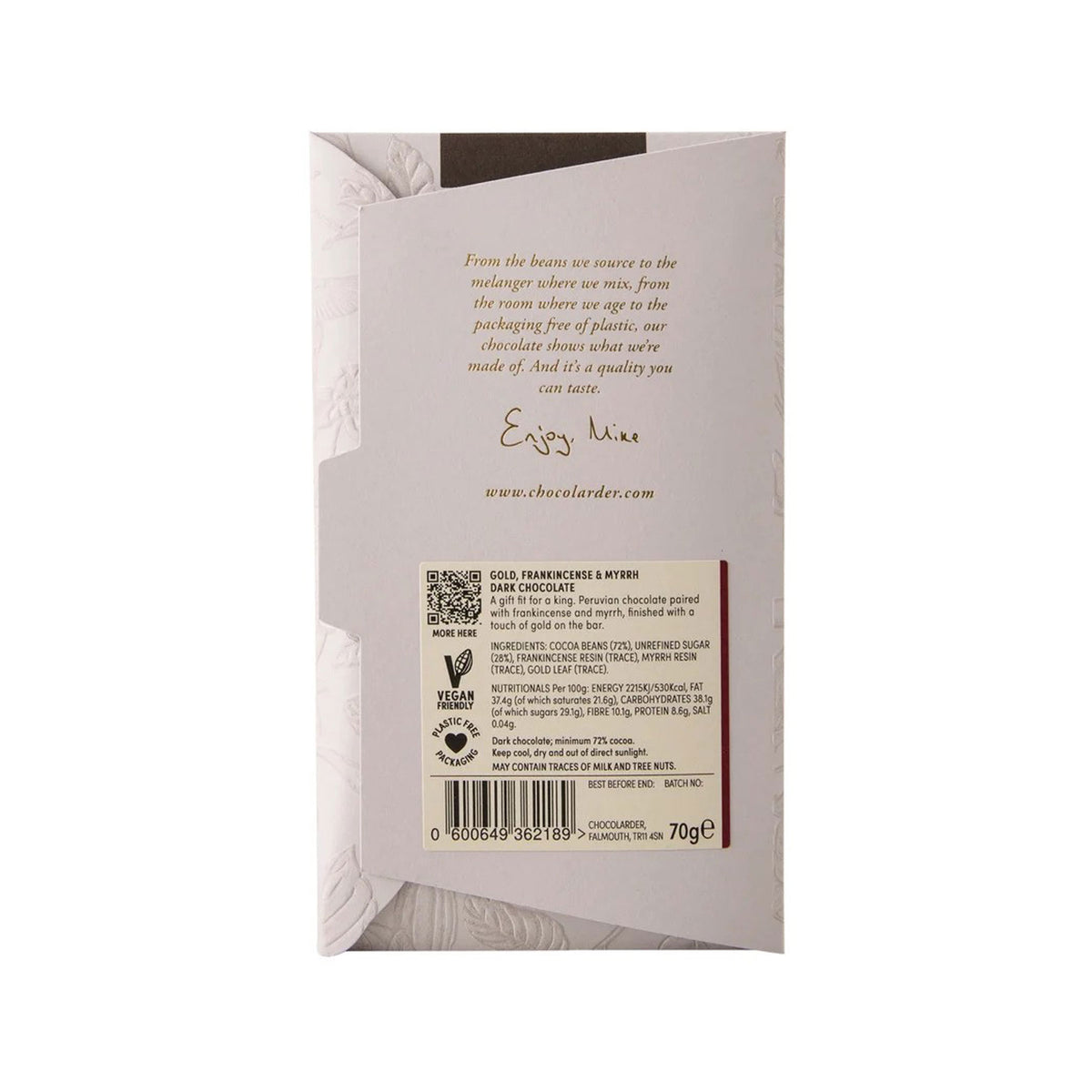 Gold, frankincense & myrrh 72% dark chocolate bar