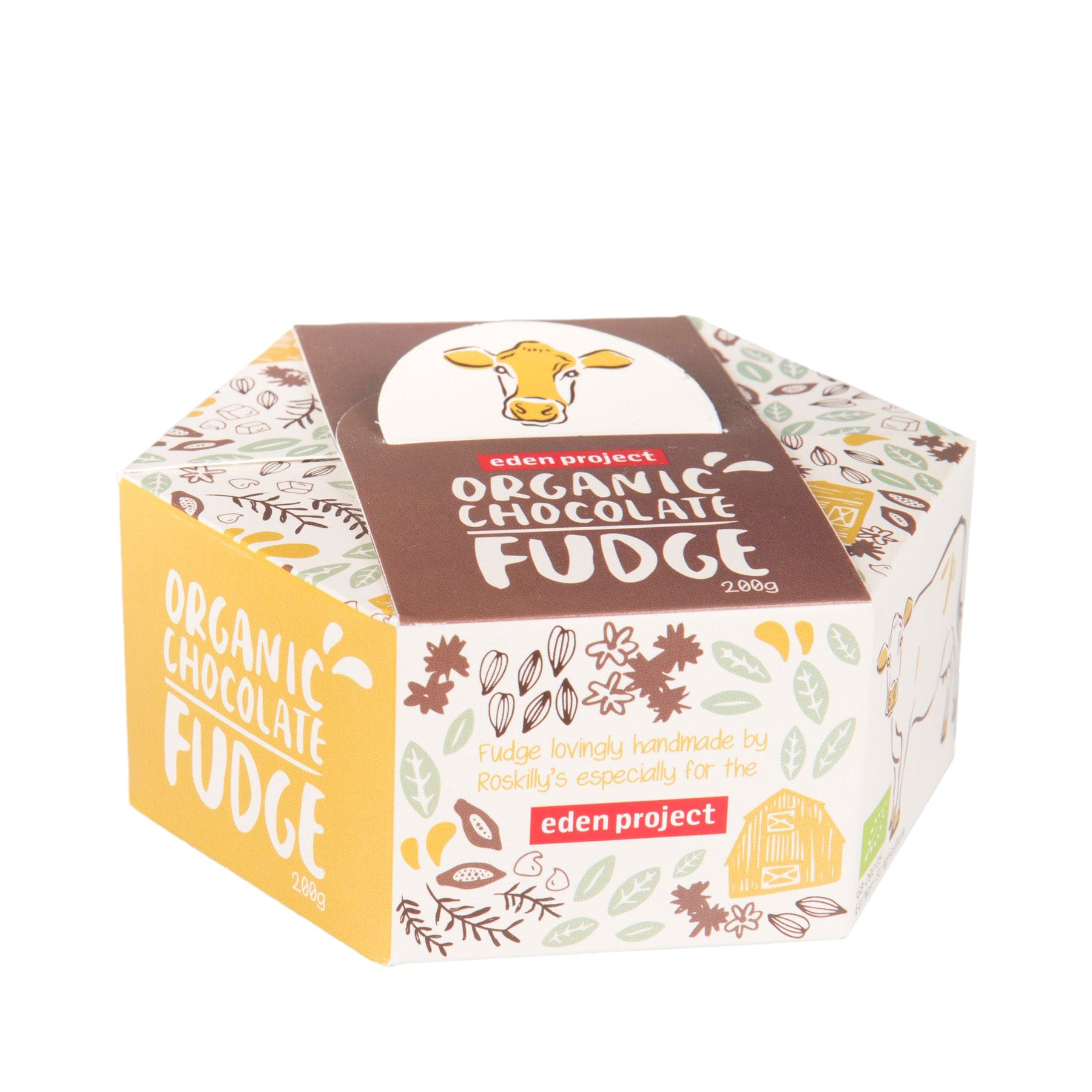 Eden Project organic chocolate fudge packaging, eco-friendly snack box design, handmade confectionery, sustainable food product, 200g weight indication