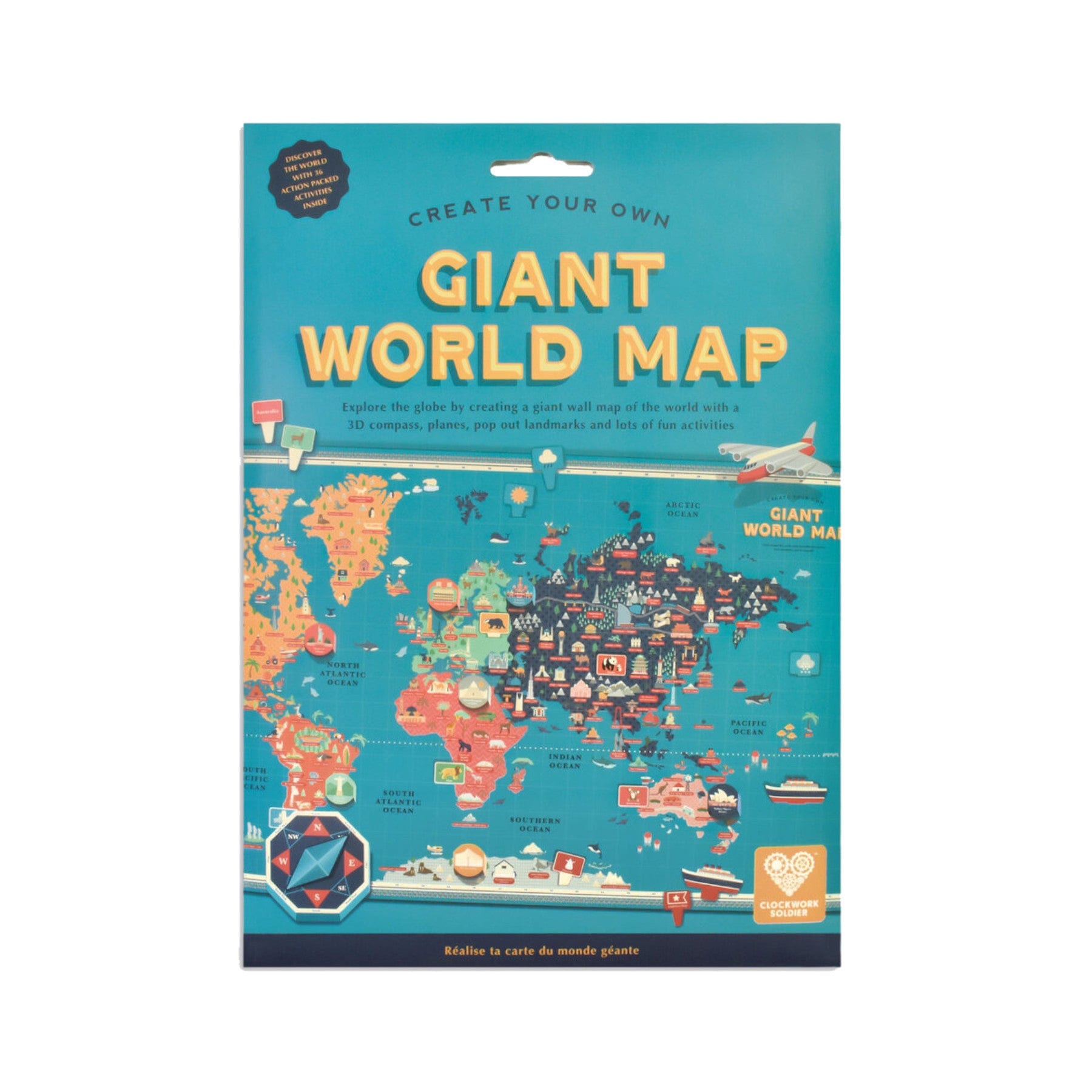 Create Your Own Giant World Map product packaging with educational activity kit for children featuring colorful world map with pop-out landmarks and 3D compass
