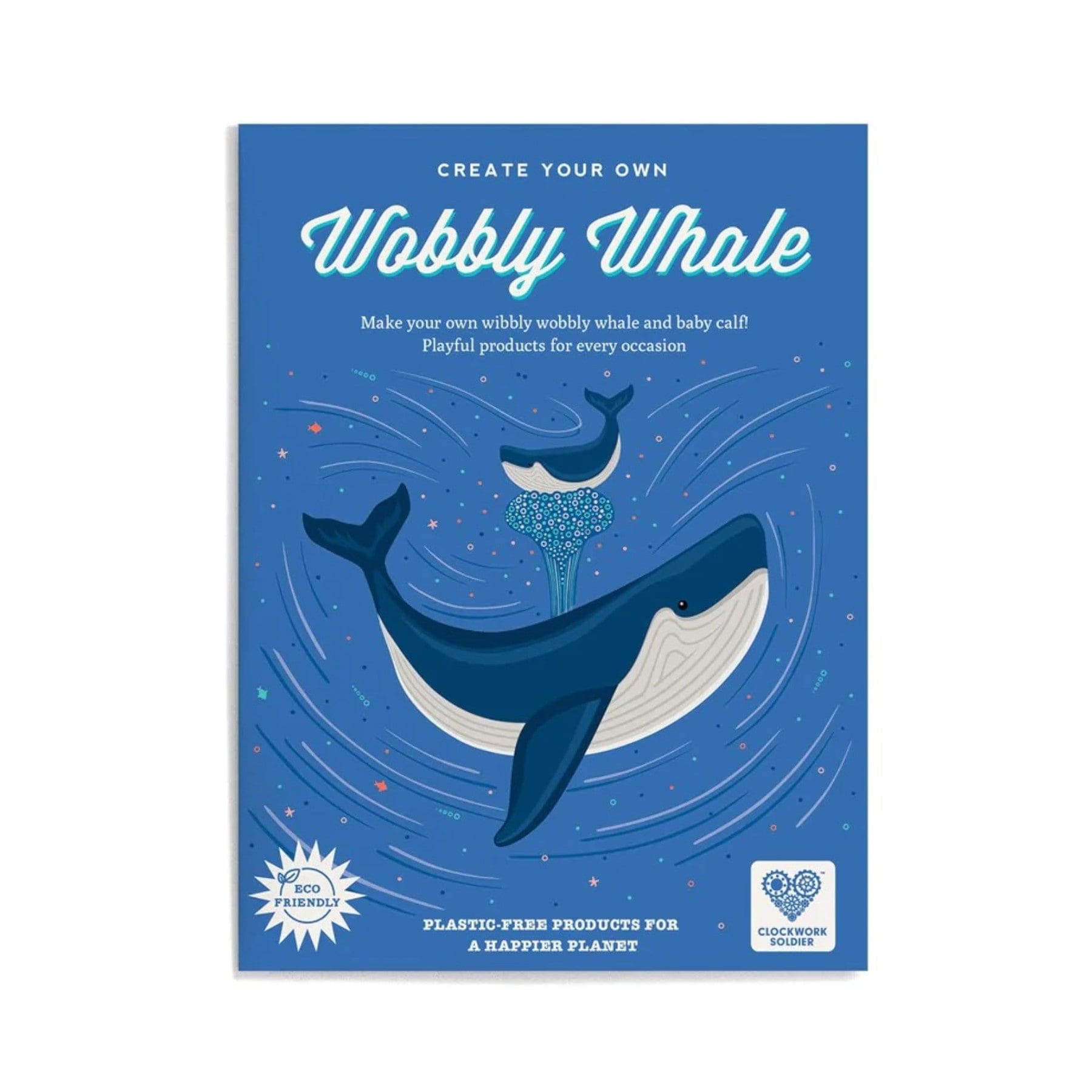 Eco-friendly Wobbly Whale craft kit packaging with blue whales and environmental message for plastic-free products by Clockwork Soldier.