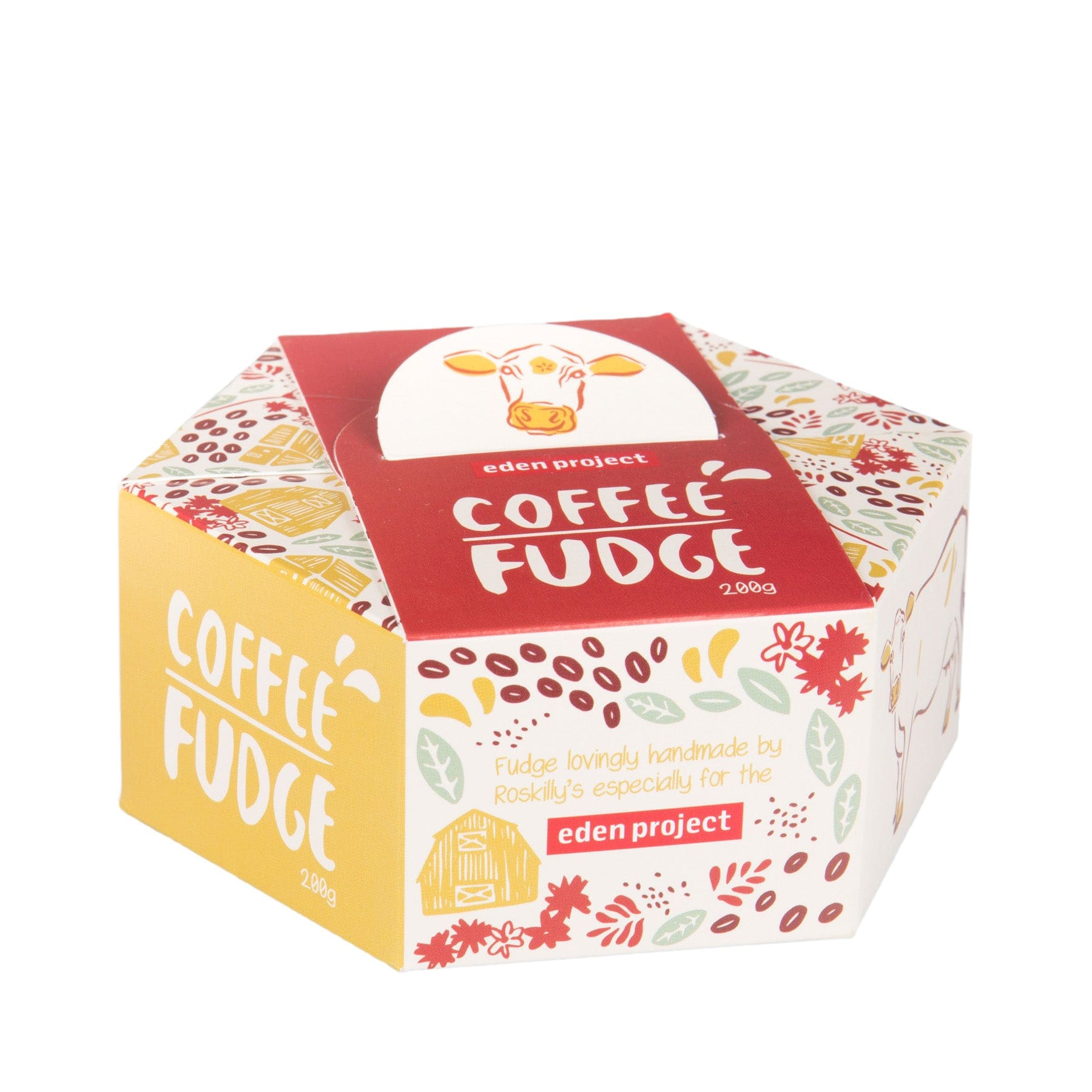 Eden Project Coffee Fudge packaging, 200g box of handmade fudge, gourmet sweet treat, colorful floral and coffee bean design on box, Roskilly's confectionery.