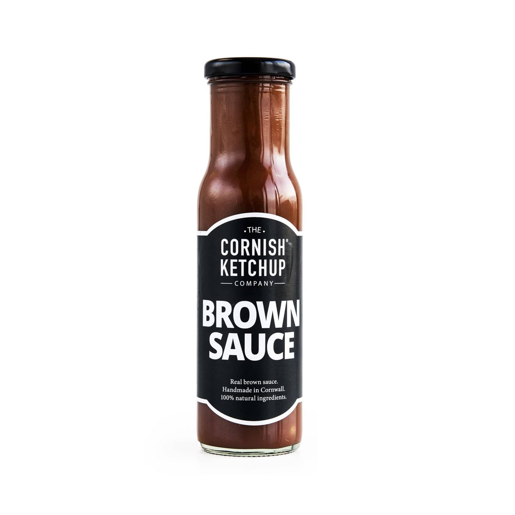 Cornish Ketchup Company brown sauce bottle on white background, real brown sauce handmade in Cornwall with 100% natural ingredients text on label.