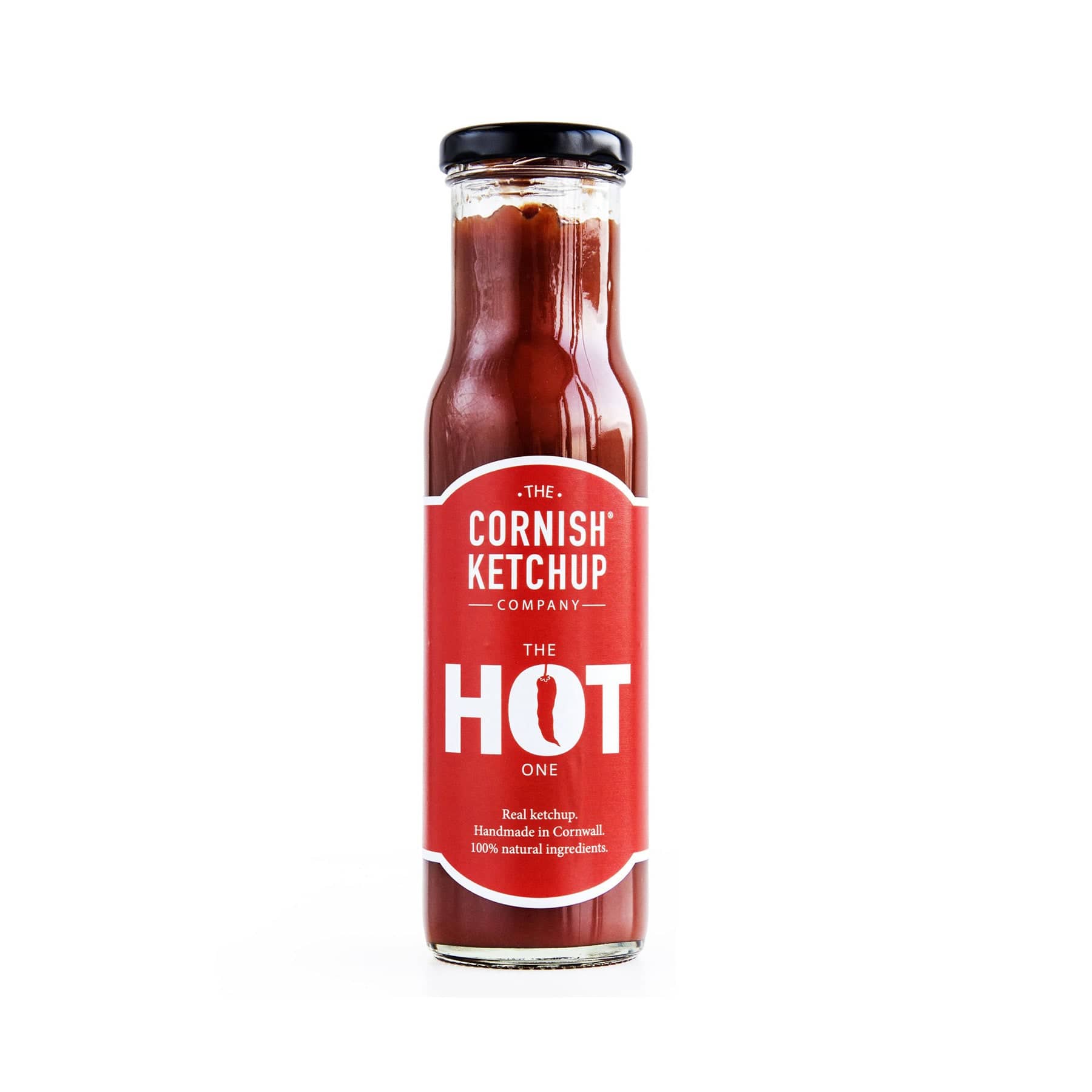 Cornish Ketchup Company hot ketchup bottle, handmade in Cornwall, 100% natural ingredients, isolated on white background.