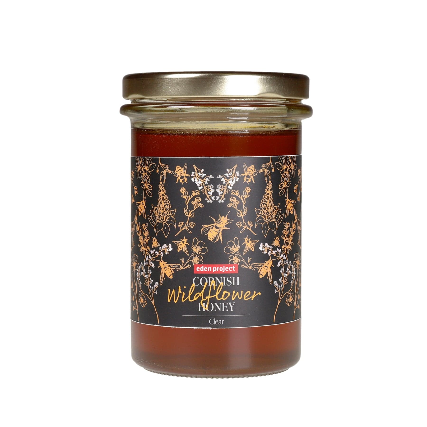 Jar of Eden Project Cornish Wildflower Honey, clear honey, black and gold label with bee and flower illustrations, white background
