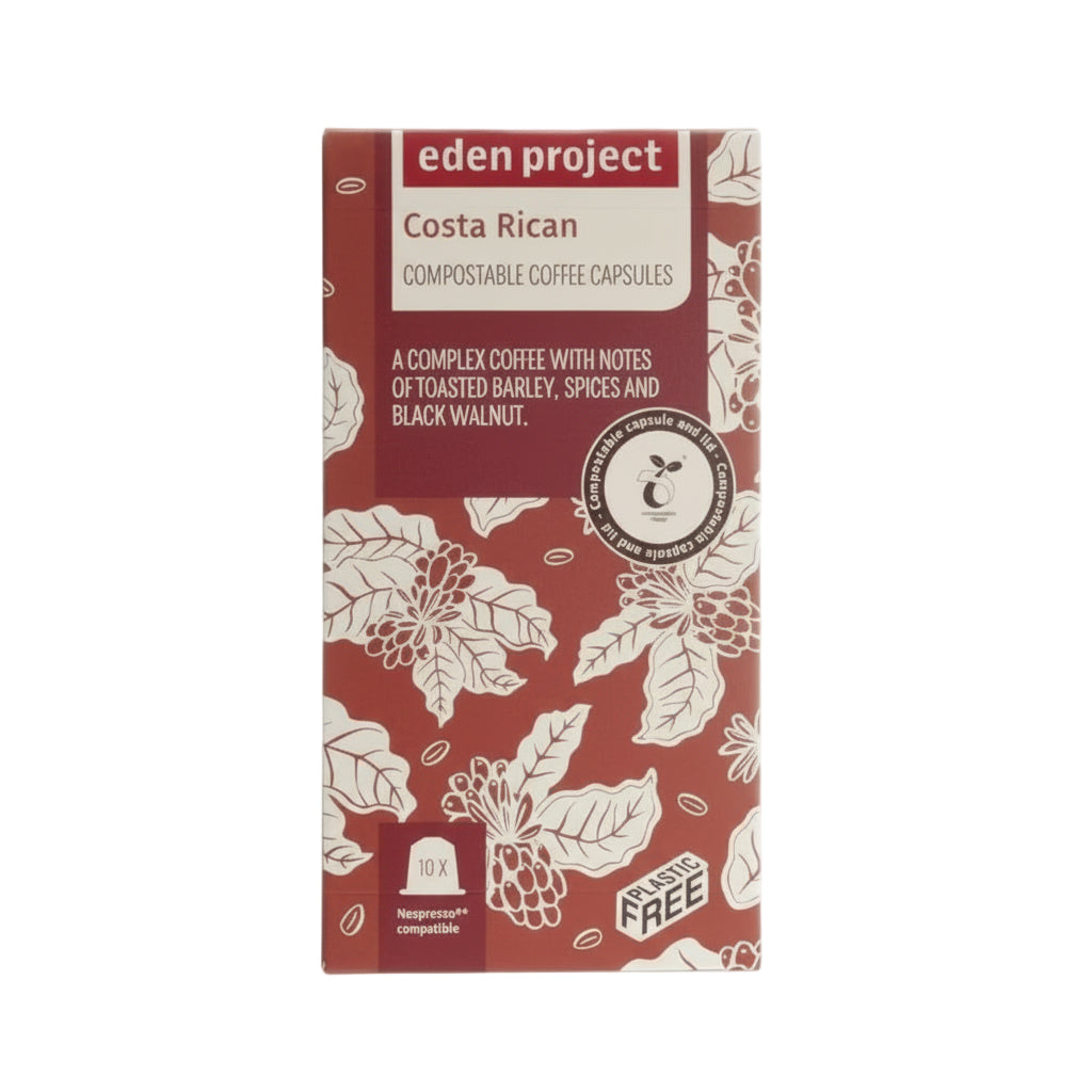 Eden Project Costa Rican compostable coffee capsules packaging, Nespresso compatible, with tasting notes of toasted barley, spices, black walnut, eco-friendly, plastic-free.