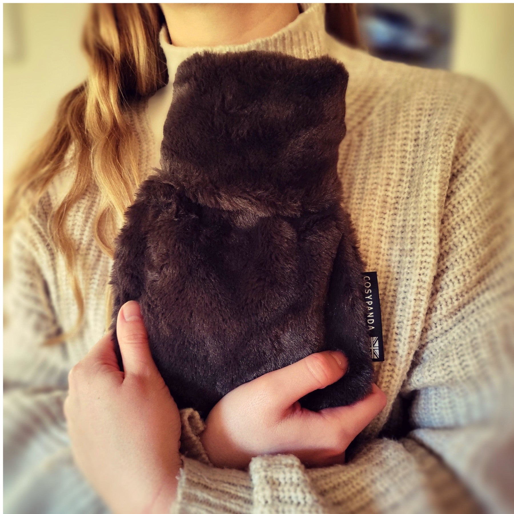 Mini dark chocolate faux fur hot water bottle