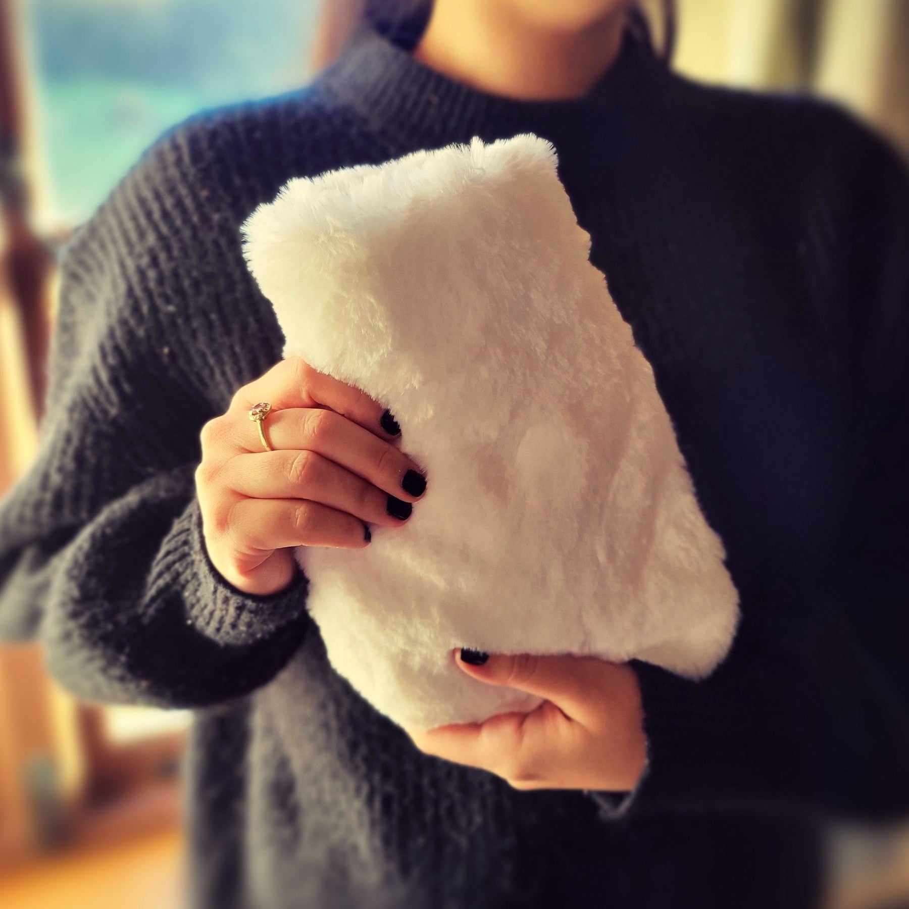 Mini silky soft white faux fur hot water bottle