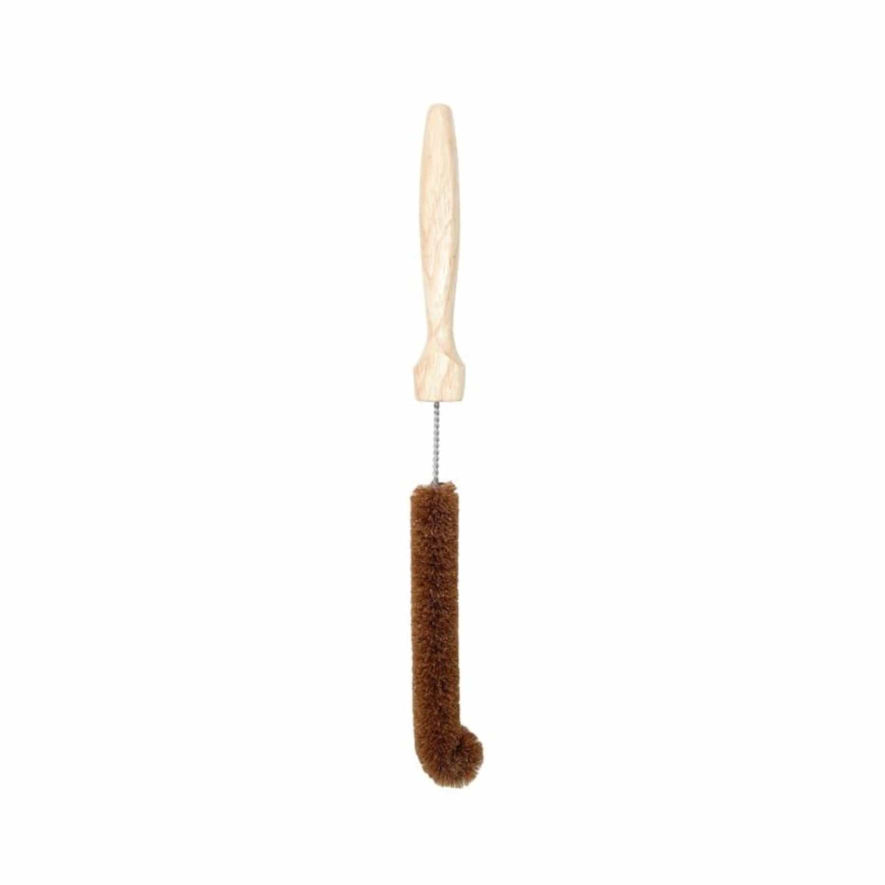Wooden-handled bottle brush with brown bristles isolated on white background.