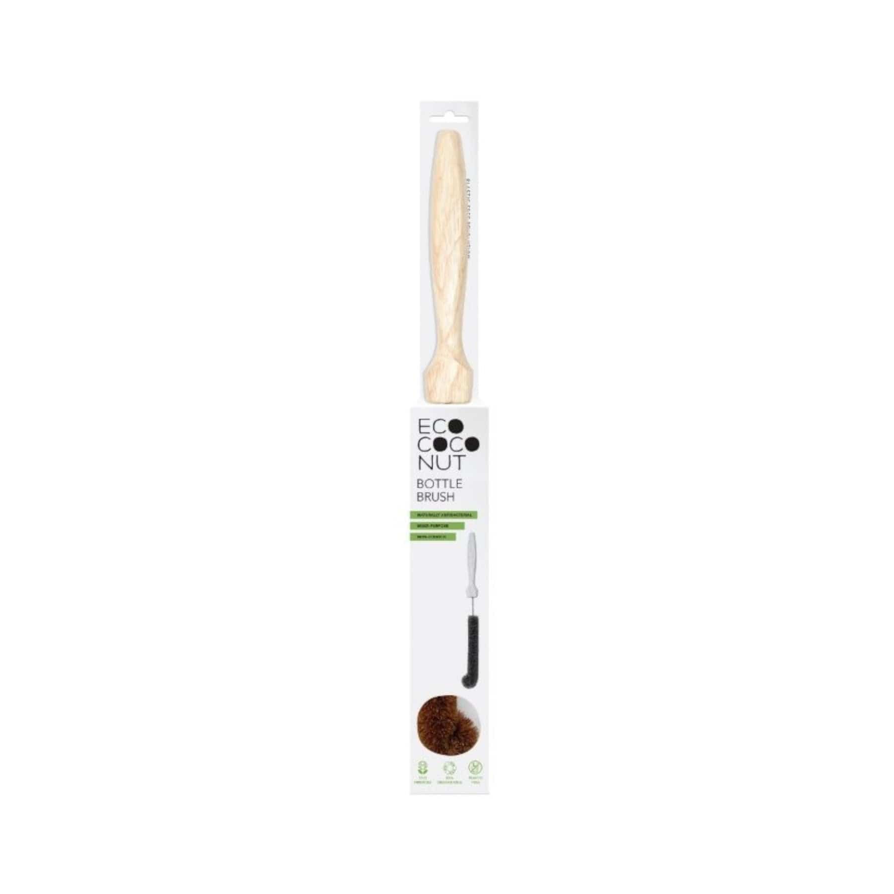 Eco-friendly coconut fiber bottle brush with ergonomic wooden handle, sustainable cleaning tool, packaged in cardboard.