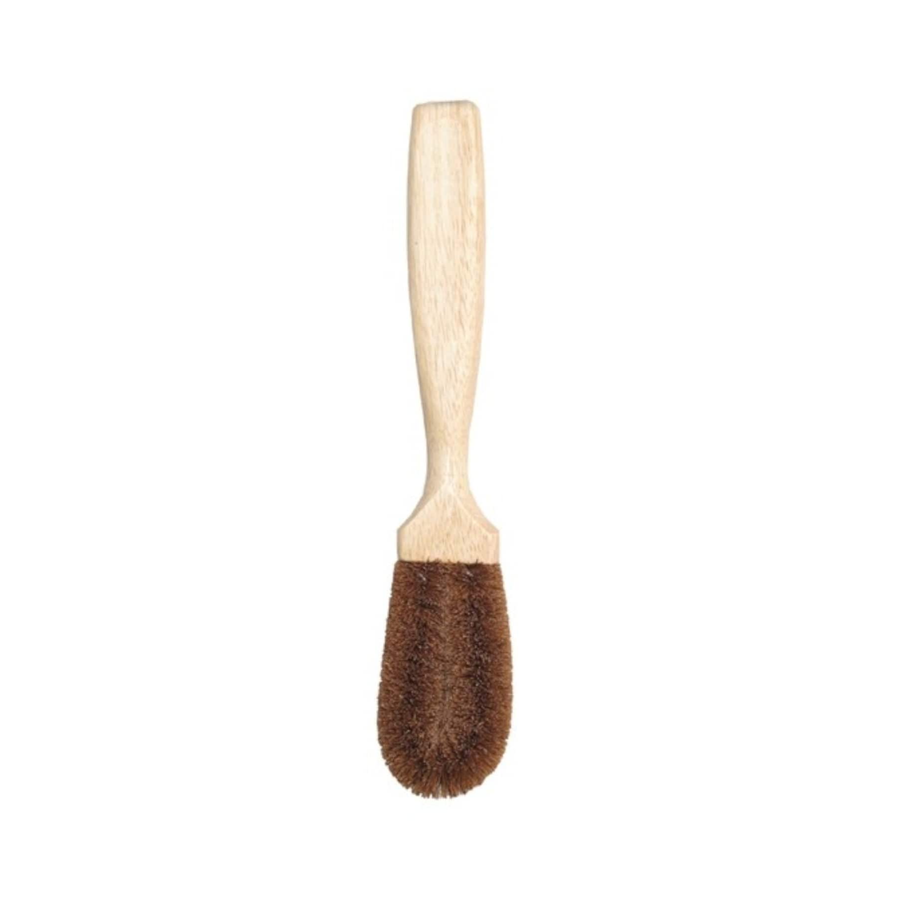 Wooden handle brush with stiff brown bristles isolated on white background, cleaning tool, scrub brush, household equipment