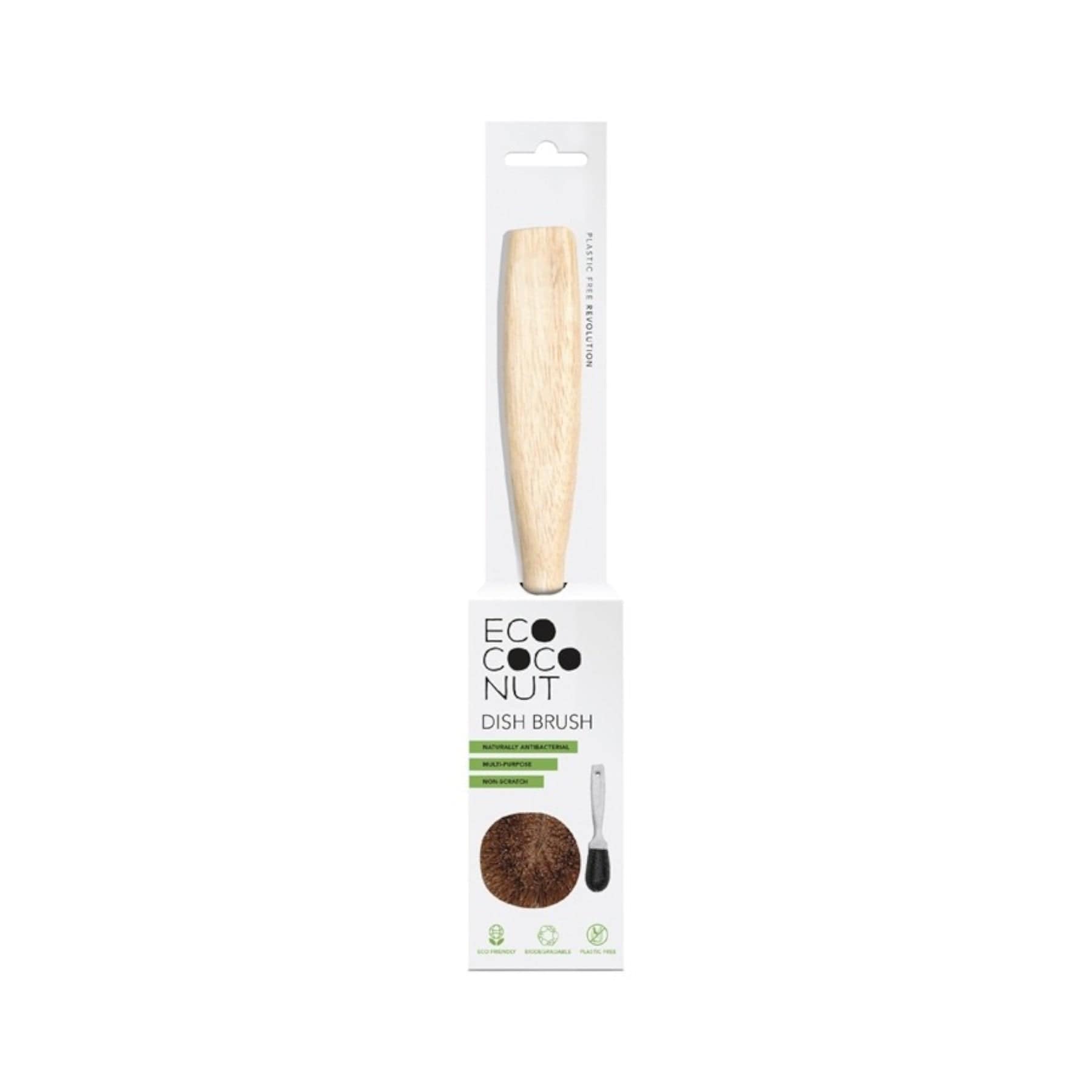 Eco-Friendly Coconut Dish Brush with Wooden Handle in Packaging
