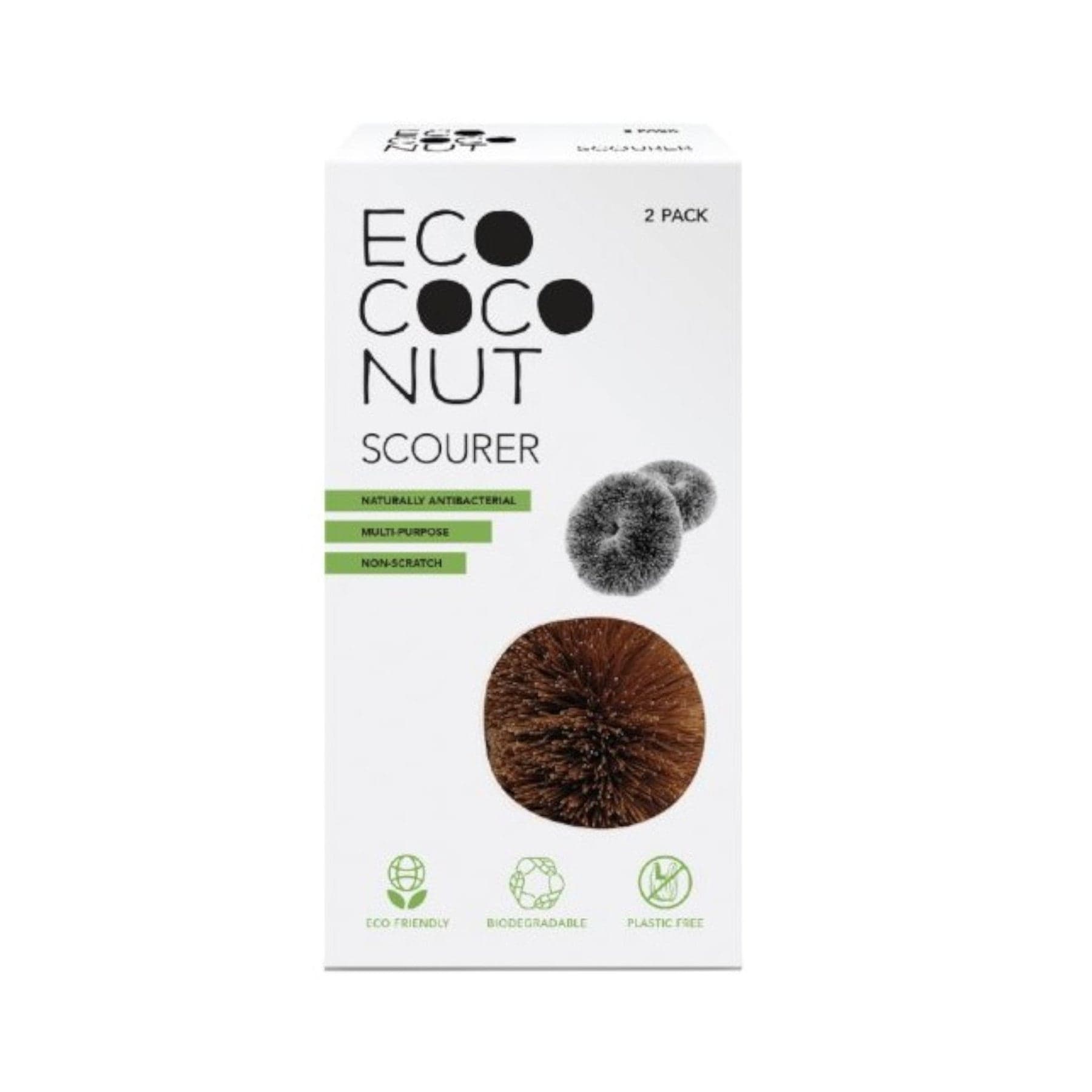 Eco Coconut Scourer packaging, 2-pack natural antibacterial multi-purpose non-scratch scouring pads, biodegradable eco-friendly plastic-free kitchen cleaning supplies.