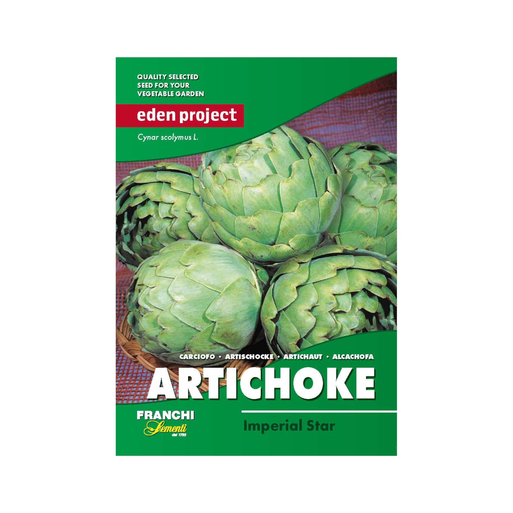 Eden Project artichoke seed packet, Imperial Star variety, Cynara scolymus, quality selected seeds for vegetable garden, Franchi seeds branding.