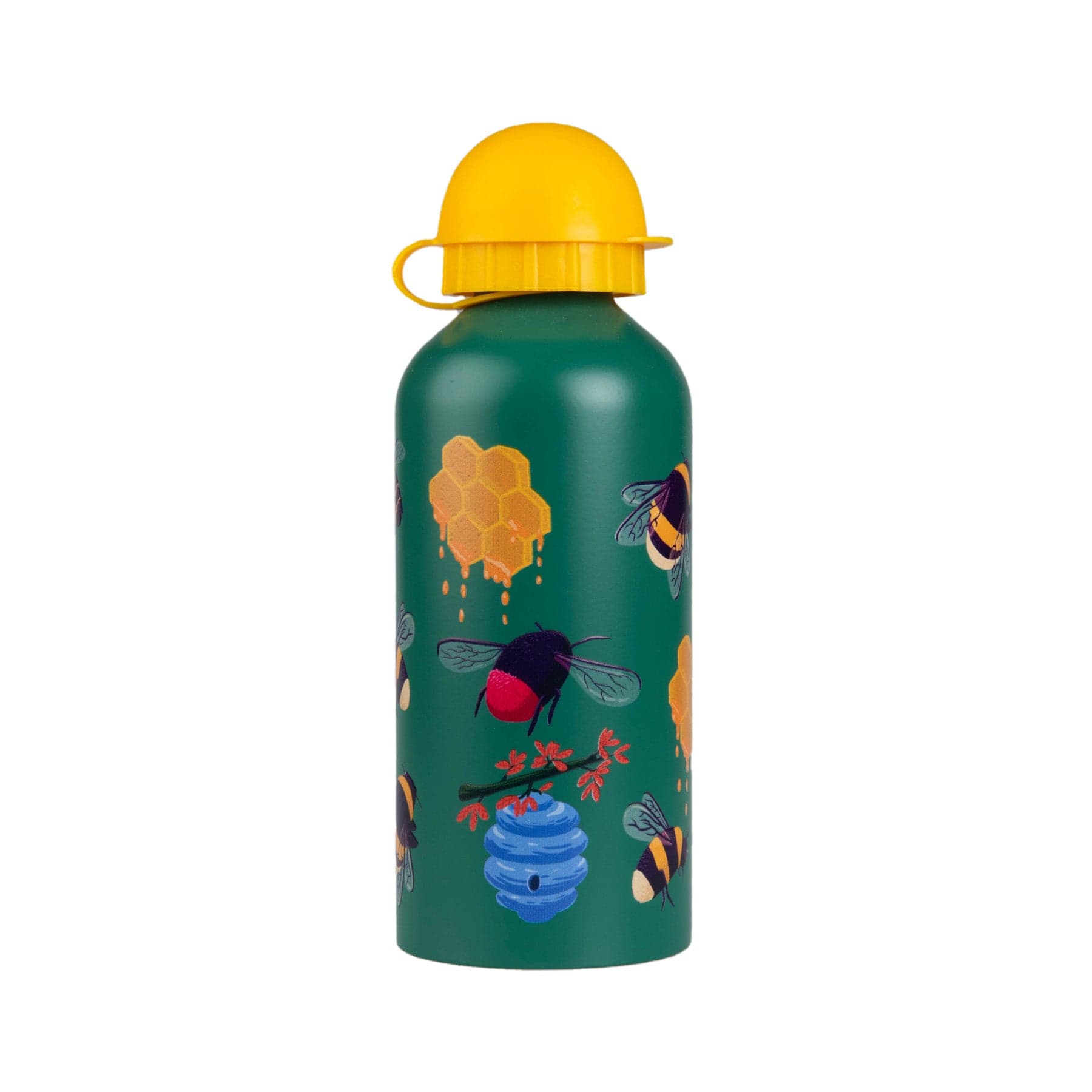 Green reusable water bottle with yellow lid and bee-themed illustrations including honeycombs and flowers on white background.