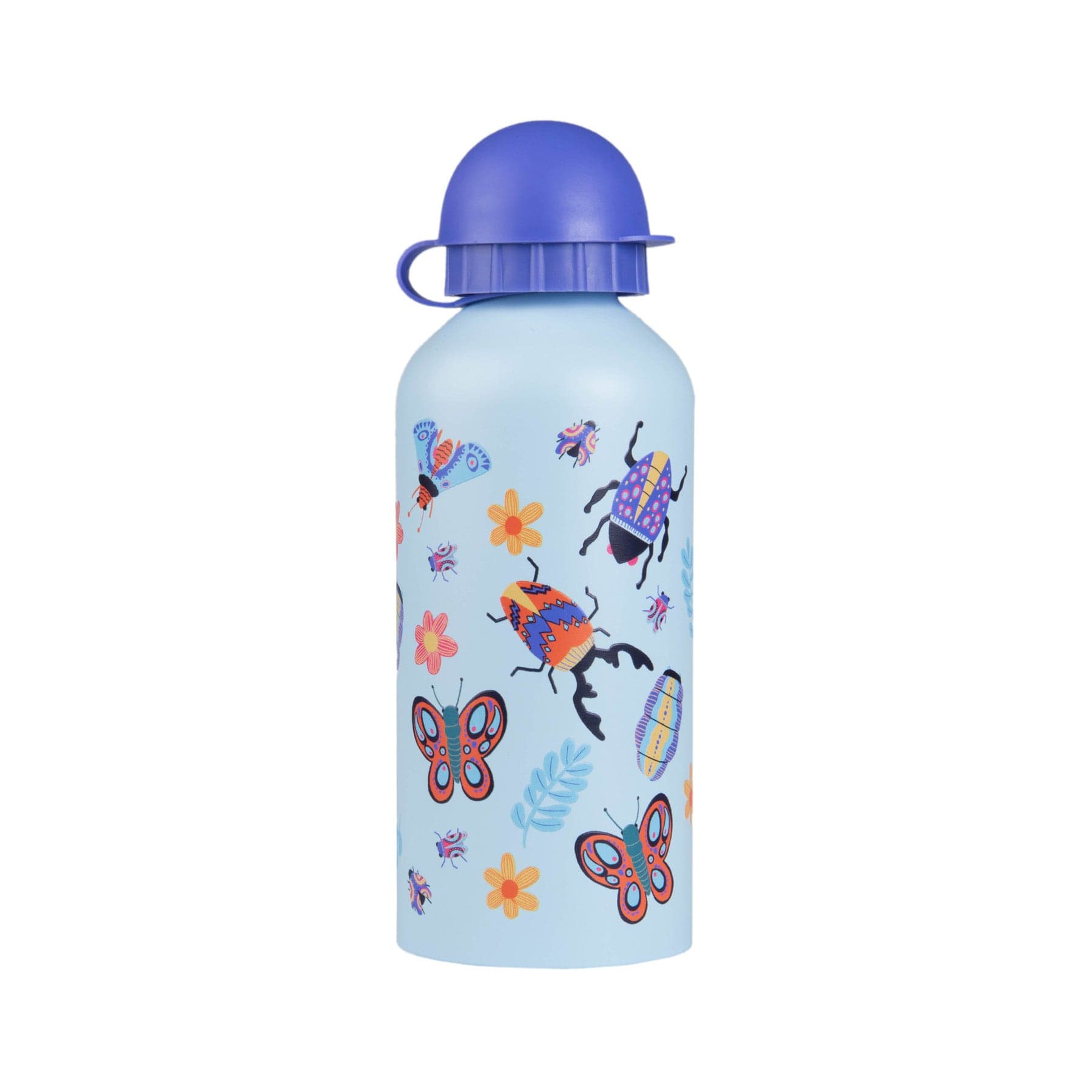 Blue reusable water bottle with playful insect and flower design, featuring butterflies, bees, and ladybugs on light blue background with purple cap.