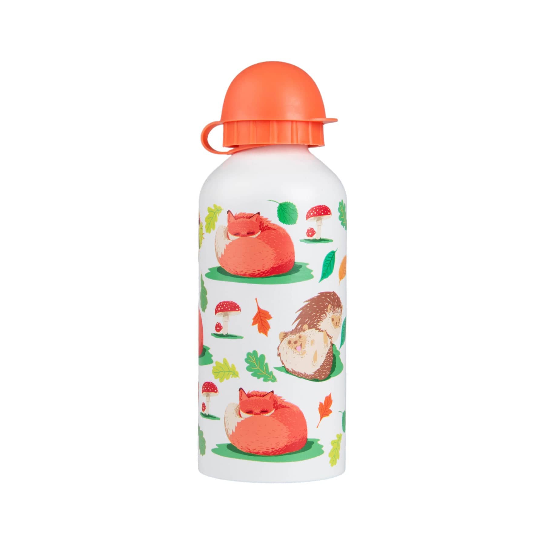 Reusable white water bottle with cute fox and hedgehog illustrations, surrounded by green leaves and red mushrooms, topped with an orange cap