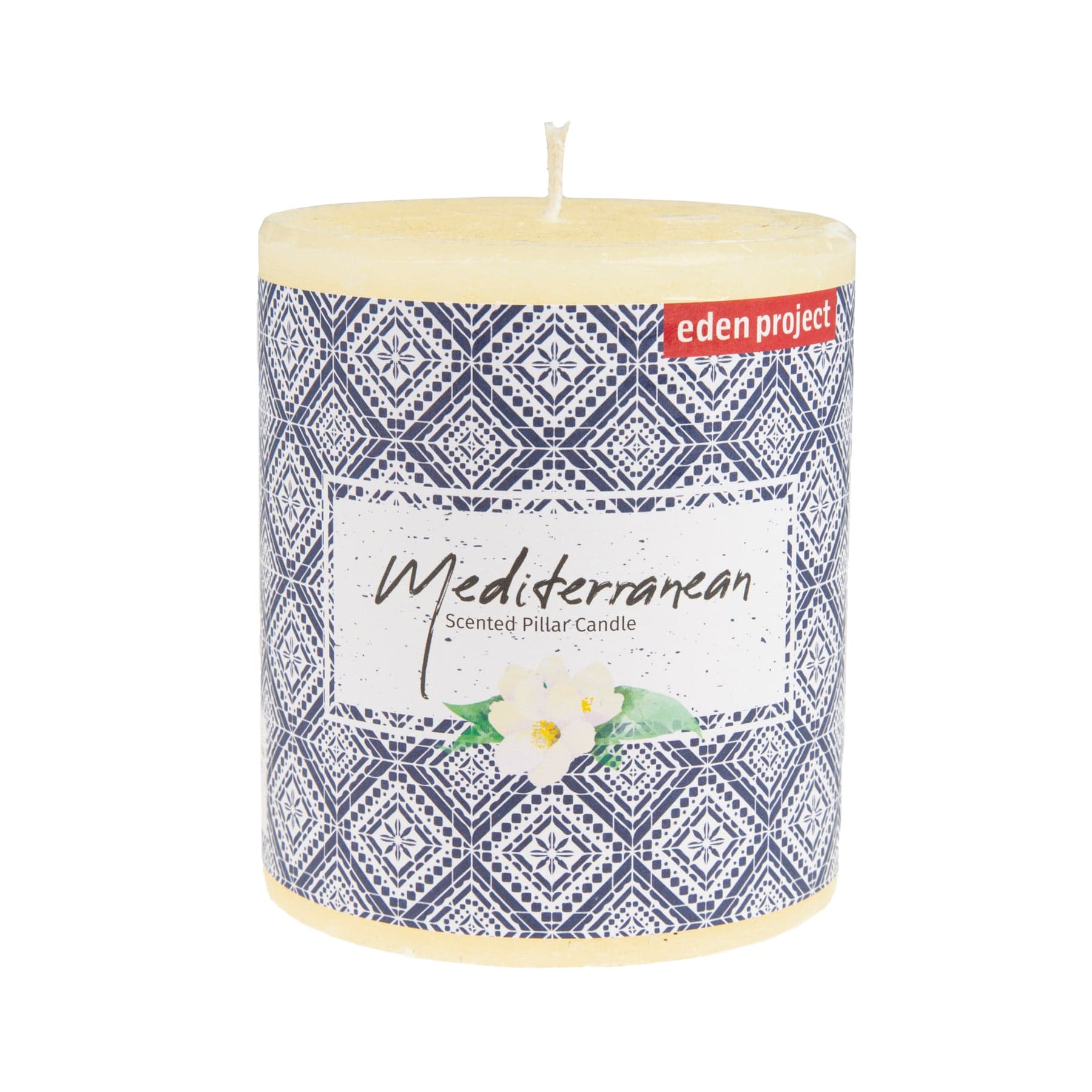 Eden Project Mediterranean scented pillar candle with ornate blue and white geometric pattern design and flower illustration on label.