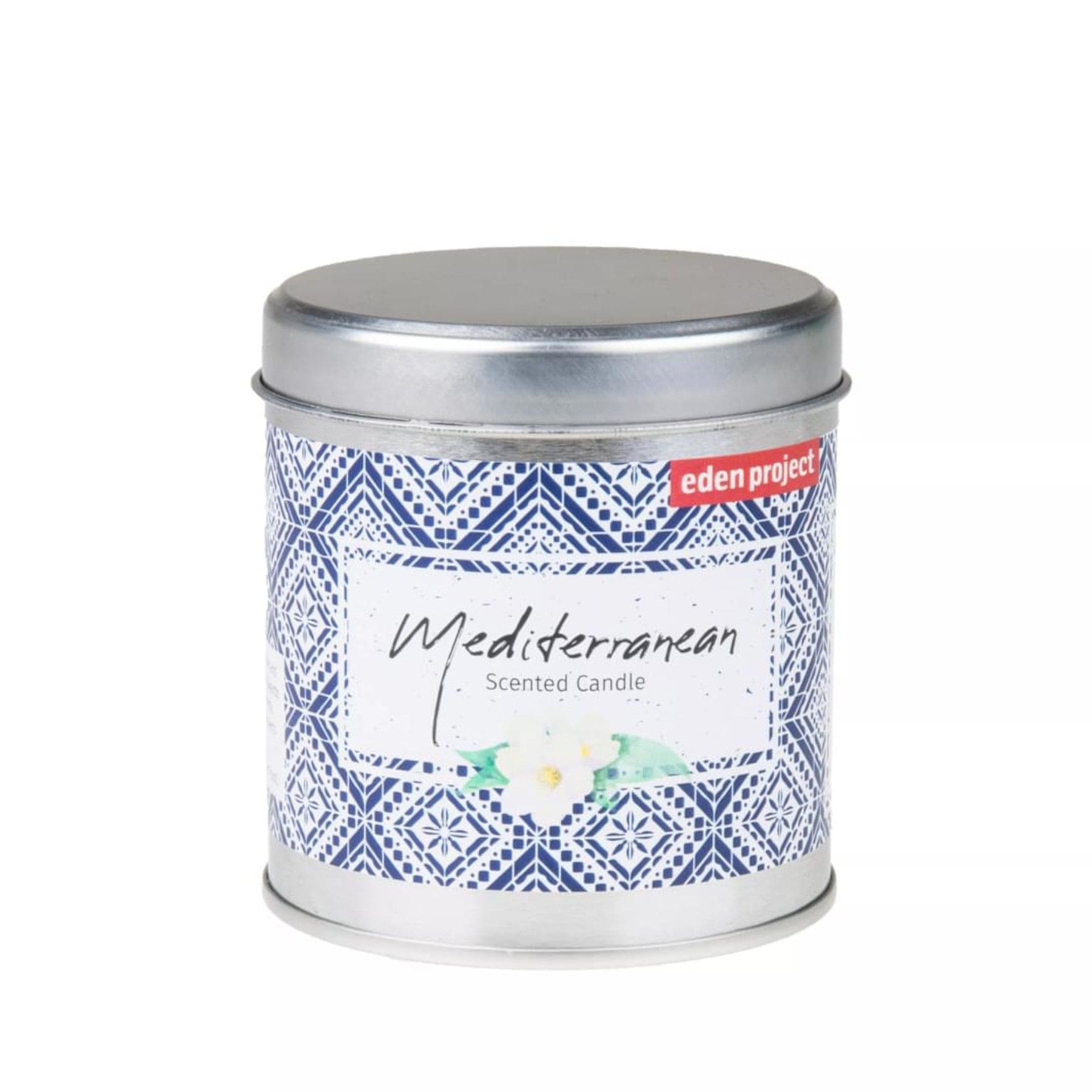 Eden Project Mediterranean scented candle in decorative tin with blue and white geometric design