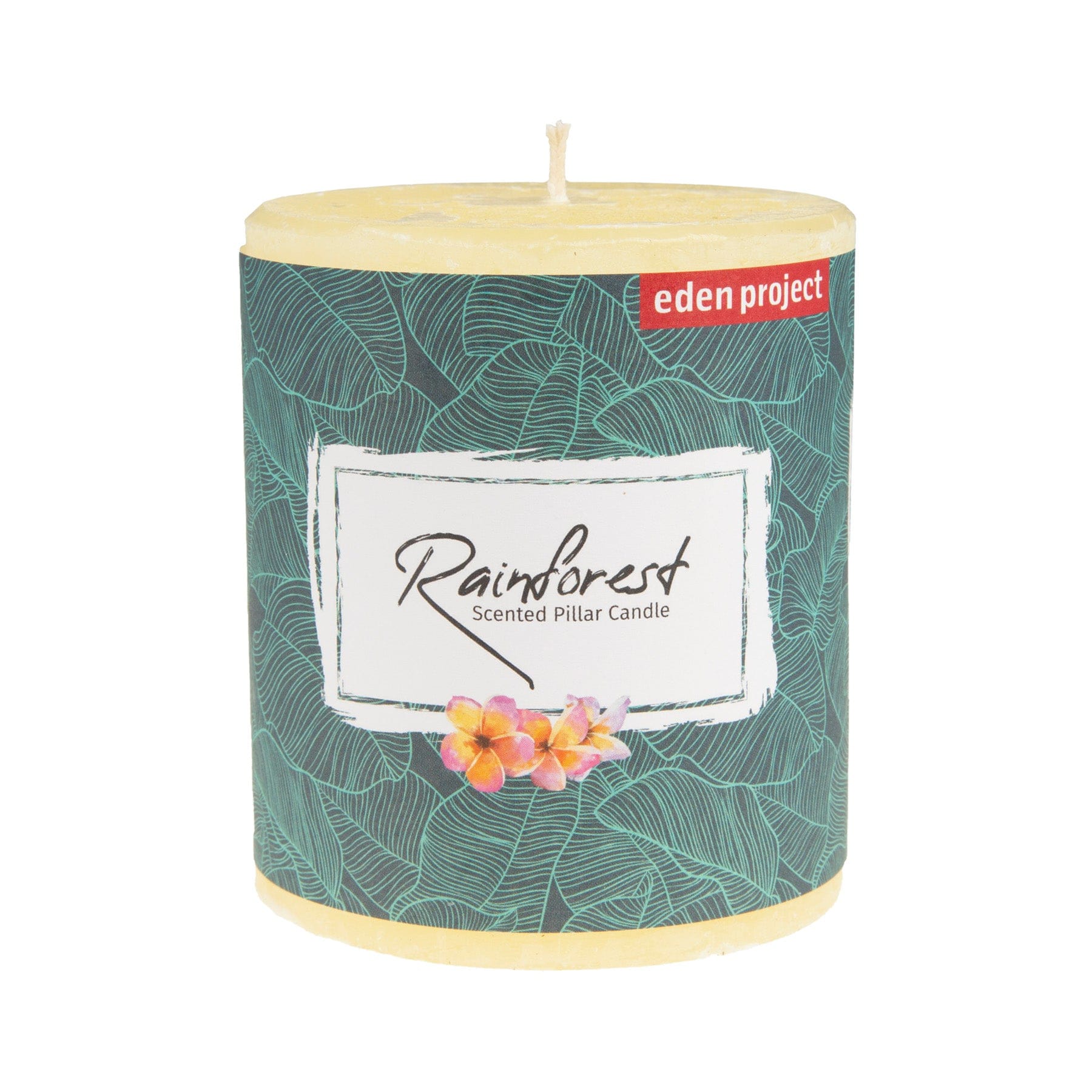Eden Project Rainforest Scented Pillar Candle with Tropical Leaf Design and Floral Accent on Label