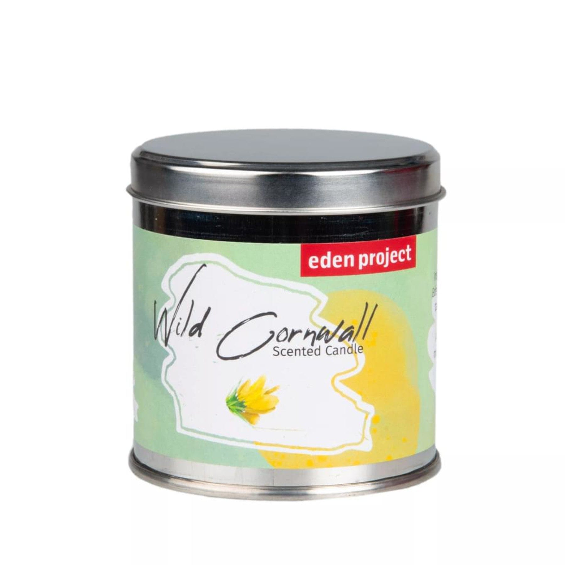 Eden Project Wild Cornwall scented candle in tin container with floral design on label.