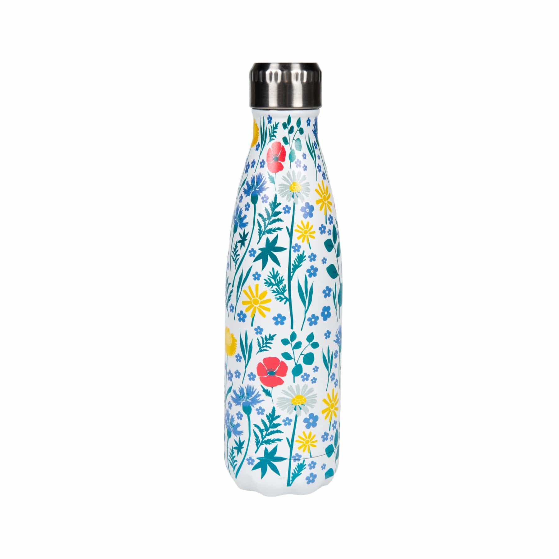 Insulated stainless steel water bottle with floral pattern on white background.