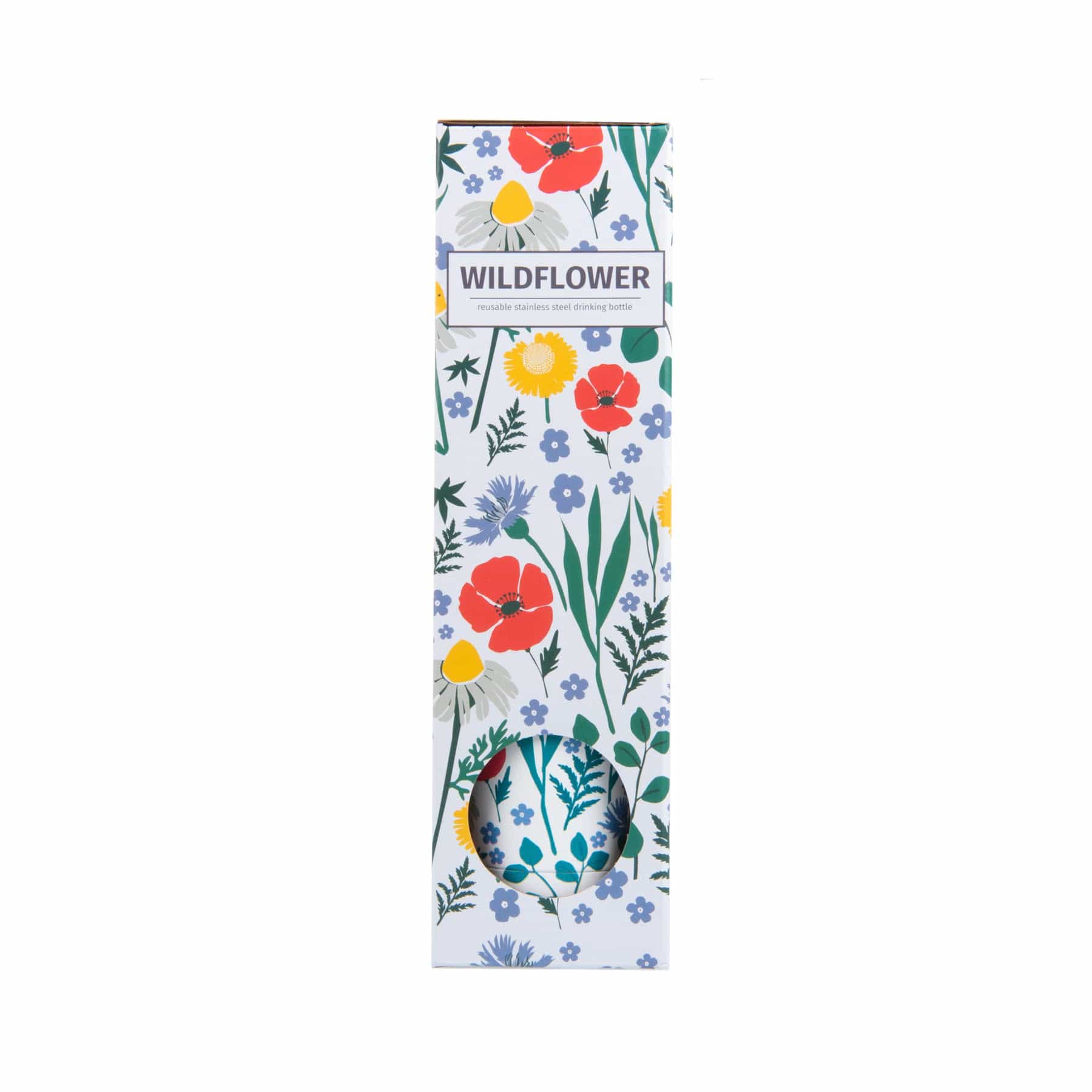 Wildflower pattern reusable stainless steel drinking bottle packaging with floral design on white background