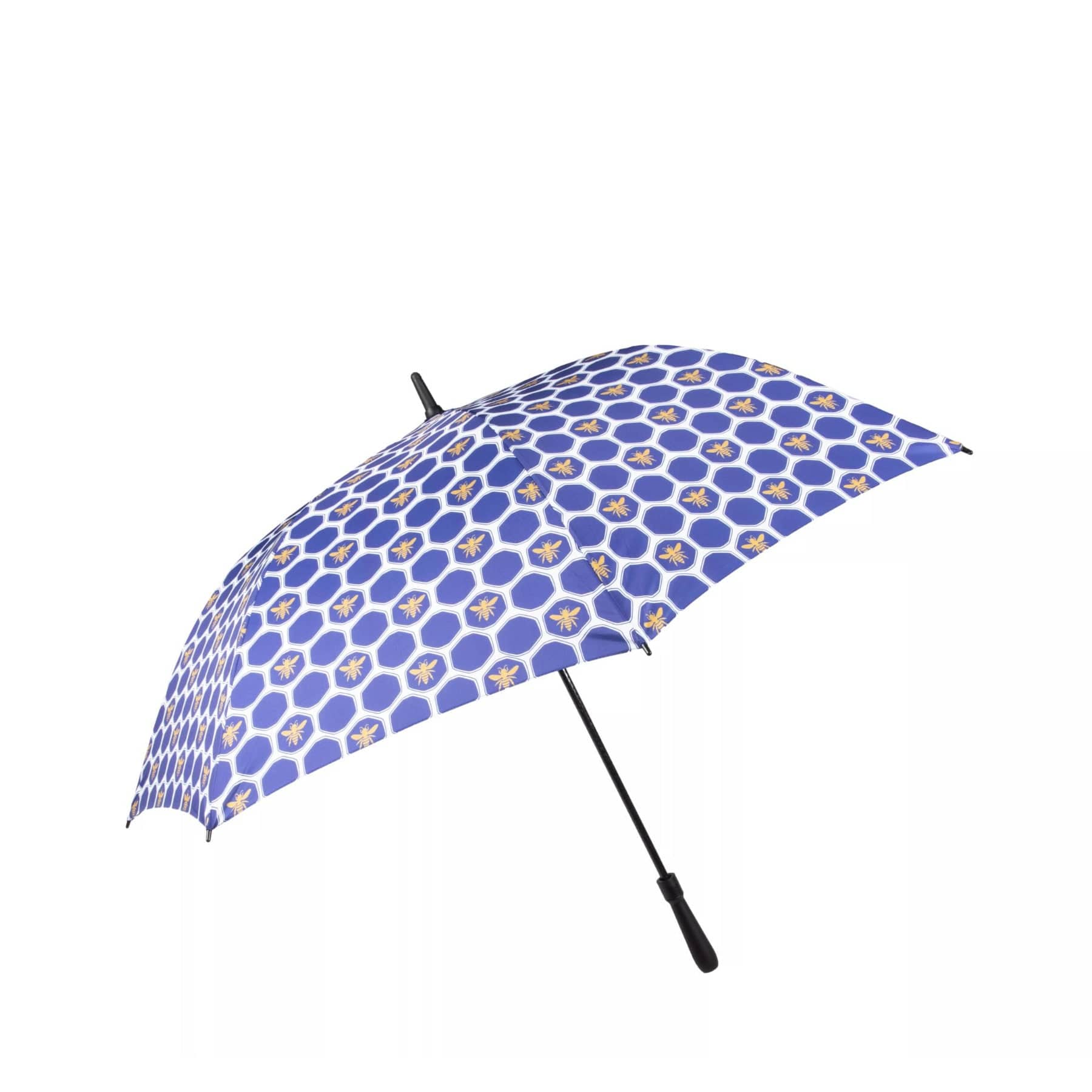 Blue and yellow patterned open umbrella isolated on white background.