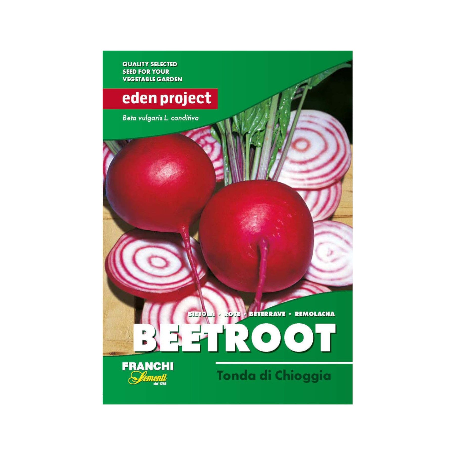 Beetroot seed packet from Eden Project, Franchi Sementi 1783, Tonda di Chioggia variety with image of sliced beetroots displaying concentric white and red rings, quality selected seeds for vegetable garden
