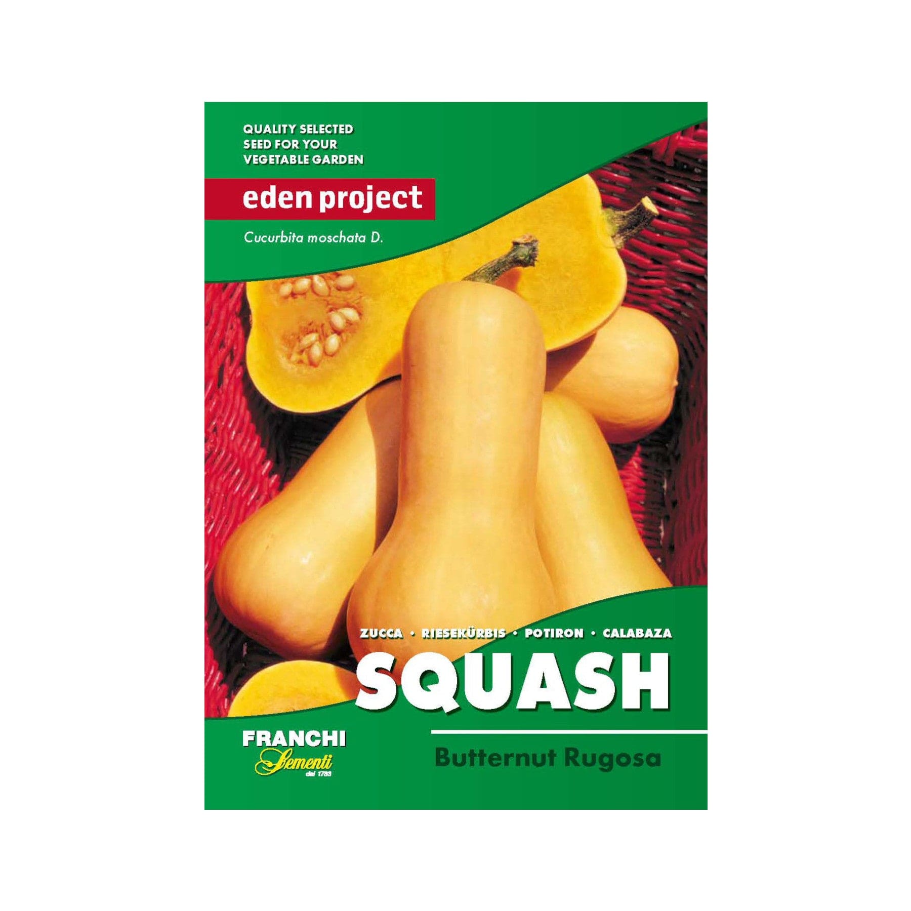 Butternut Rugosa squash seed packet by Franchi Sementi, displaying quality selected seeds for vegetable garden, Eden Project Cucurbita moschata D, whole and sliced squash with visible seeds.