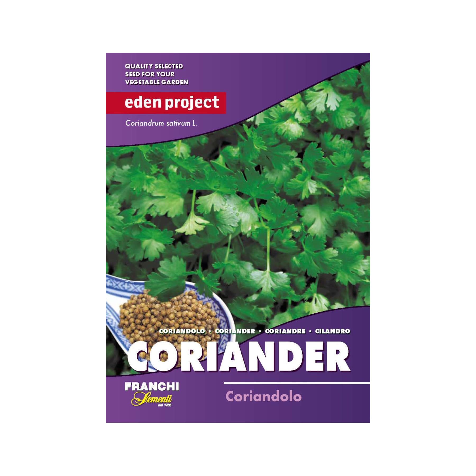Eden Project seed packet for Coriandrum sativum, commonly known as coriander, cilantro or Chinese parsley, showing fresh green leaves and dried spherical seeds.