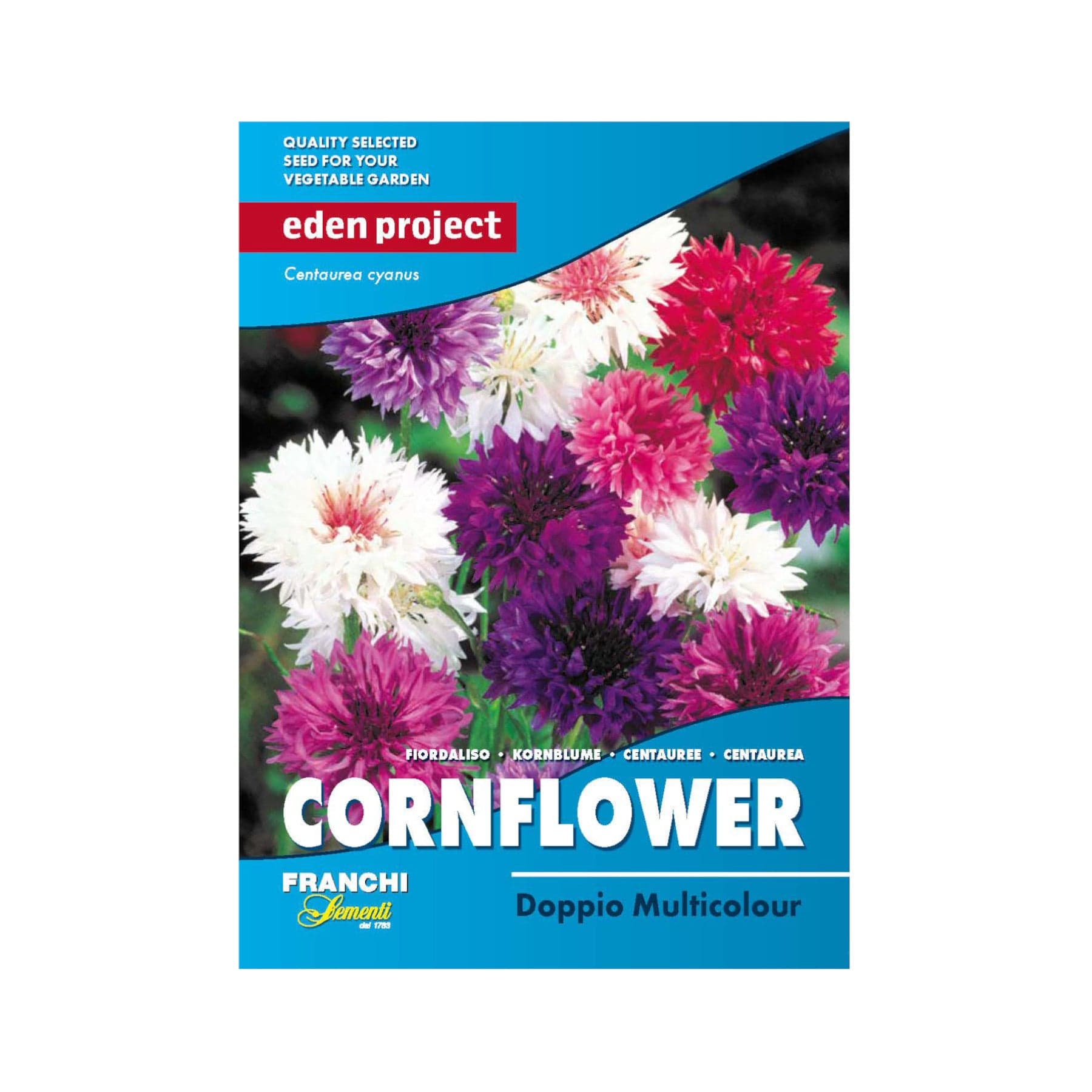 Eden Project Cornflower seed packet featuring Centaurea cyanus, multicolored double flowers, from Franchi Sementi brand.