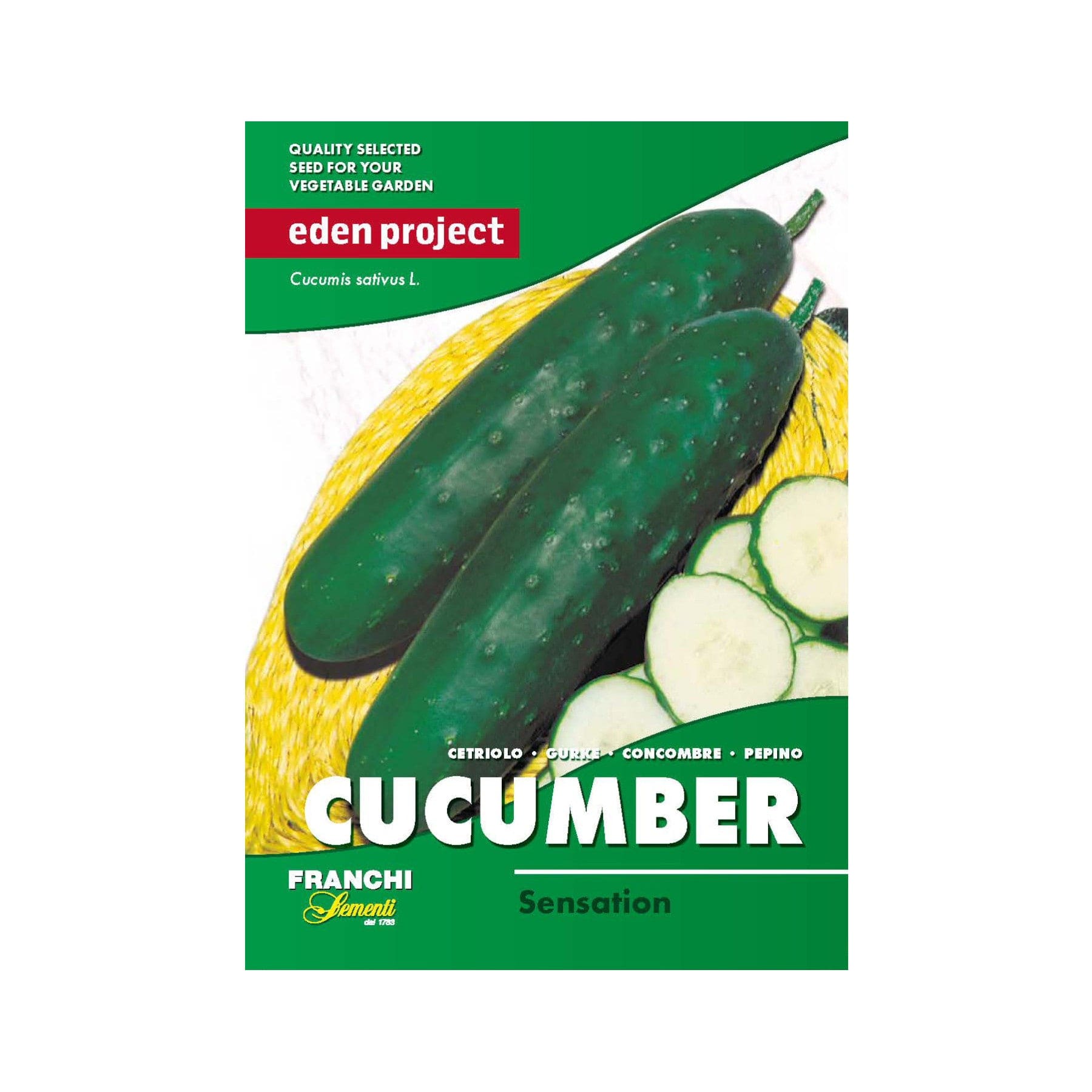Alt text: Packet of Franchi cucumber seeds from the Eden Project, featuring images of fresh green cucumbers and sliced cucumber pieces, labeled Cucumis sativus with multilingual vegetable names.