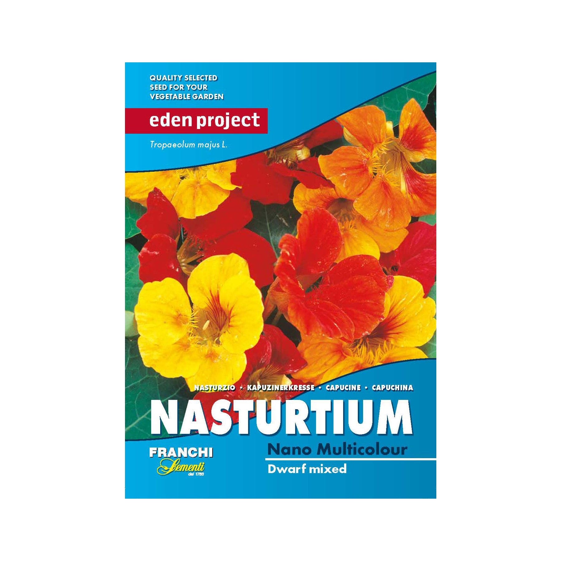 Eden Project Nasturtium Seed Packet, Franchi Sementi Nano Multicolour Dwarf Mixed Variety, Tropaeolum majus L., Quality Selected Seeds for Vegetable Garden, Vibrant Yellow and Orange Flowers