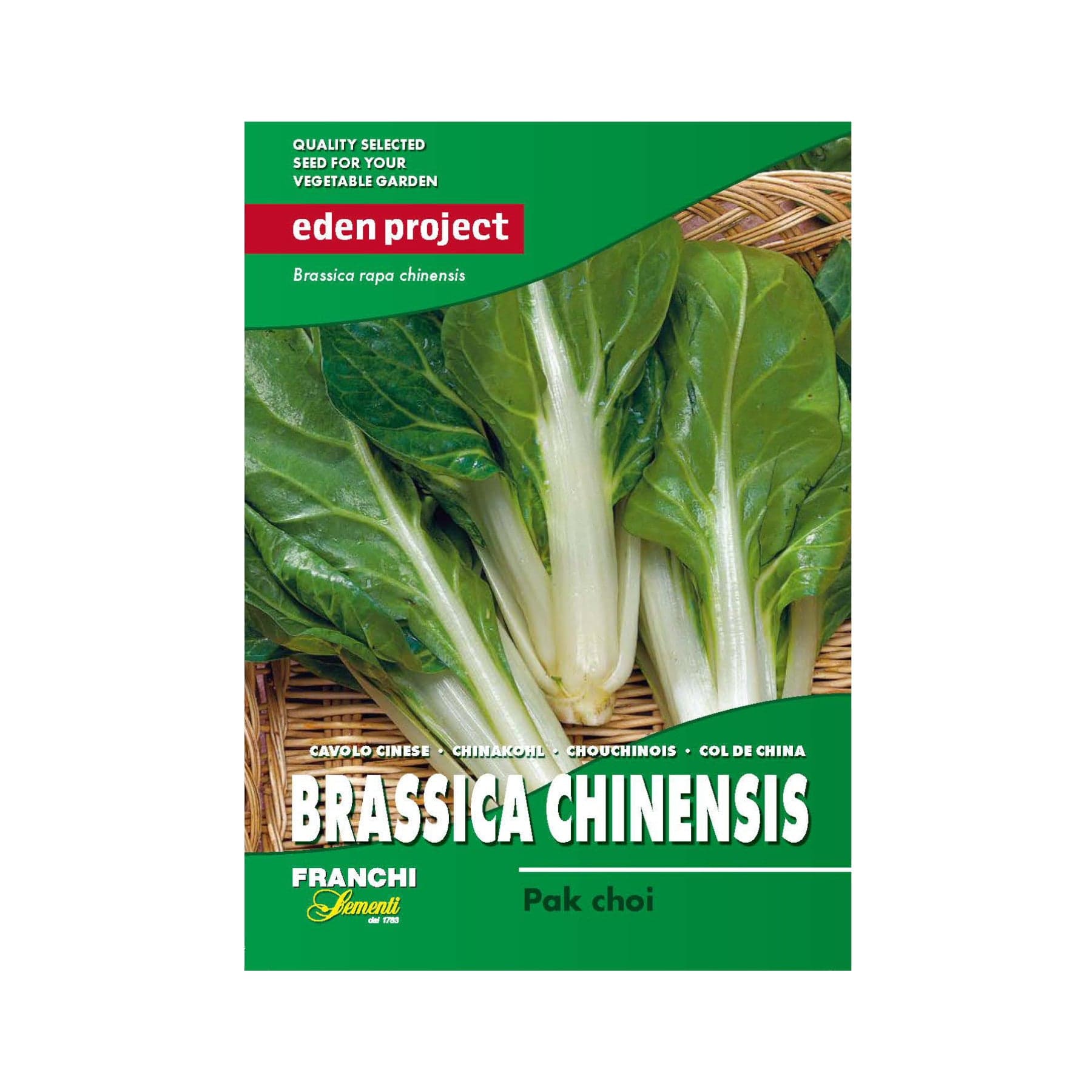 Eden Project quality vegetable seeds packaging for Brassica rapa chinensis, commonly known as Pak choi or Bok choy, displayed on wicker surface.