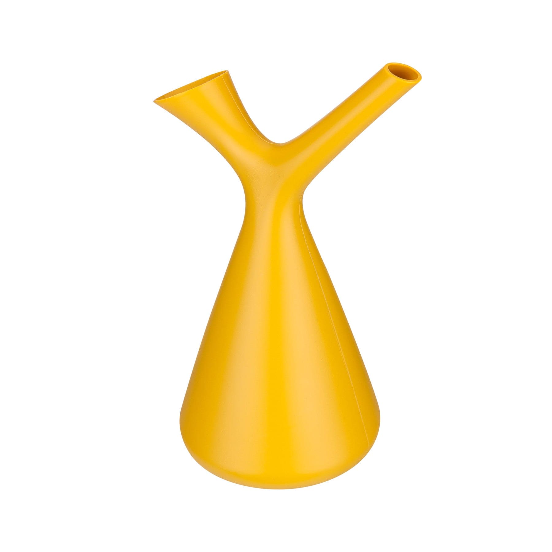 Bright yellow modern vase with unique Y-shaped design on white background.