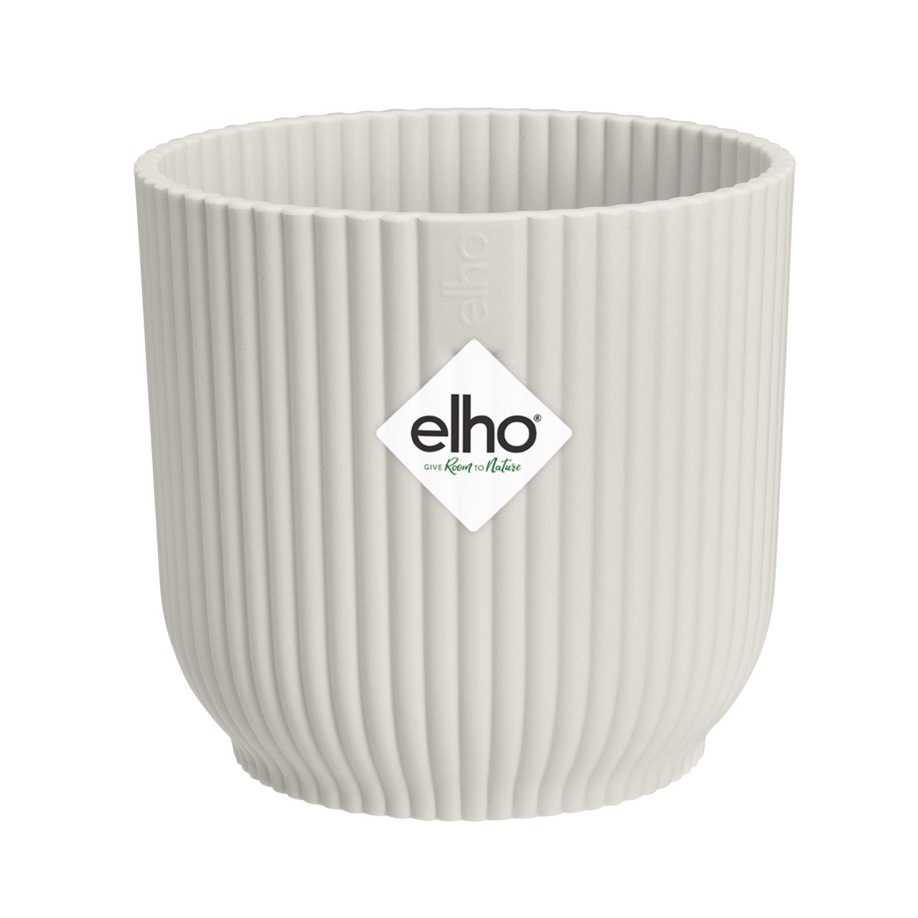 White Elho brand ribbed design plastic plant pot with logo on white background