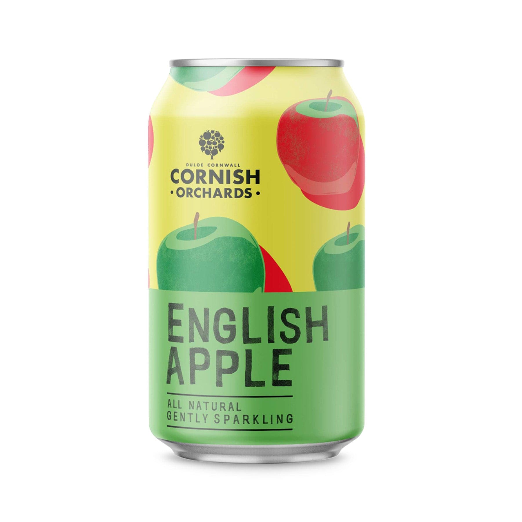 Cornish Orchards English Apple cider can, all natural gently sparkling beverage, red and green apples illustration, isolated on white background.