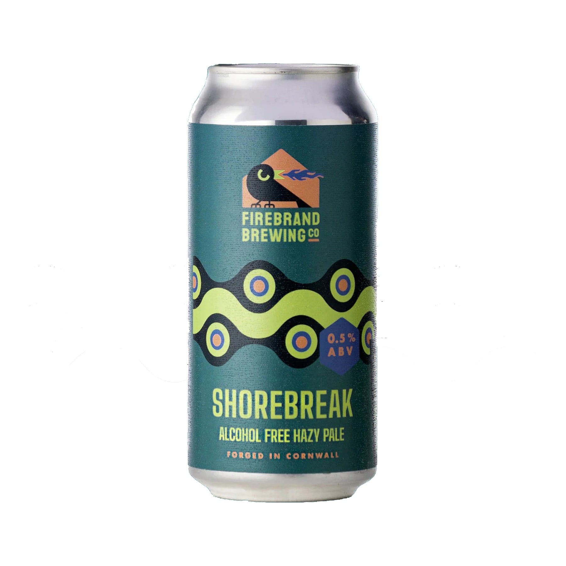 Firebrand Brewing Co Shorebreak alcohol-free hazy pale ale can with 0.5% ABV, forged in Cornwall, with a teal label and abstract eye design