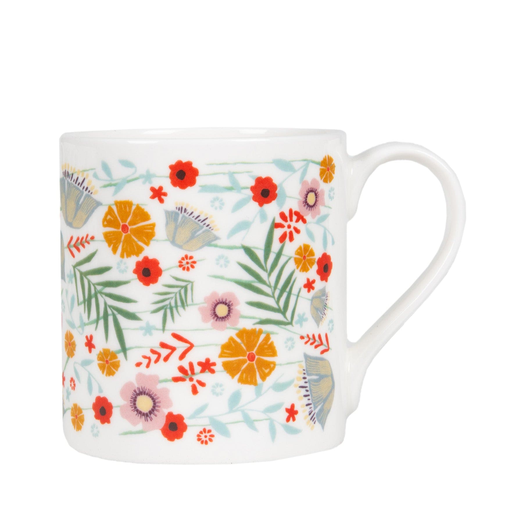 Floral pattern ceramic mug with orange slices and wildflowers design on white background