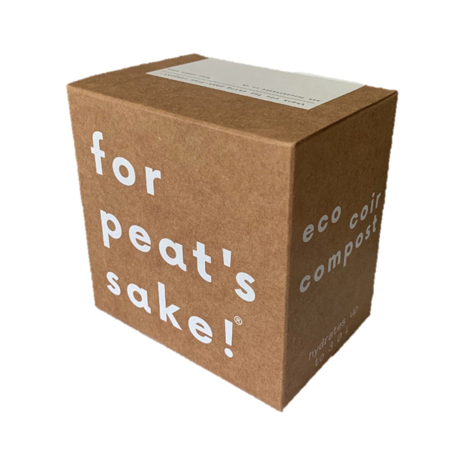 Brown cardboard box with text "for peat's sake! eco coir compost" indicating sustainable gardening product packaging on a white background.
