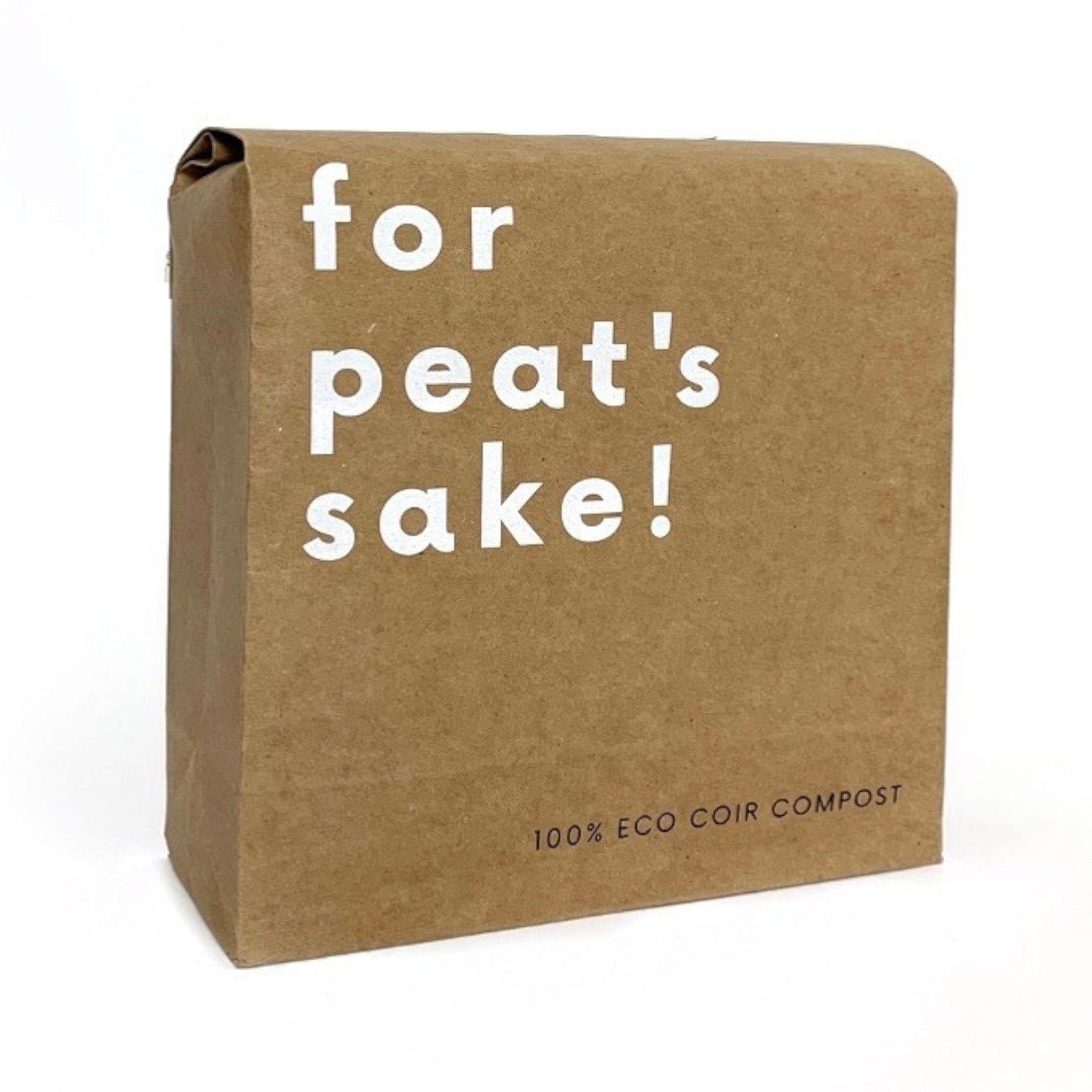 Eco-friendly compost packaging with "for peat's sake!" slogan, 100% eco coir compost, sustainable gardening product, brown paper bag, environmental conservation concept.