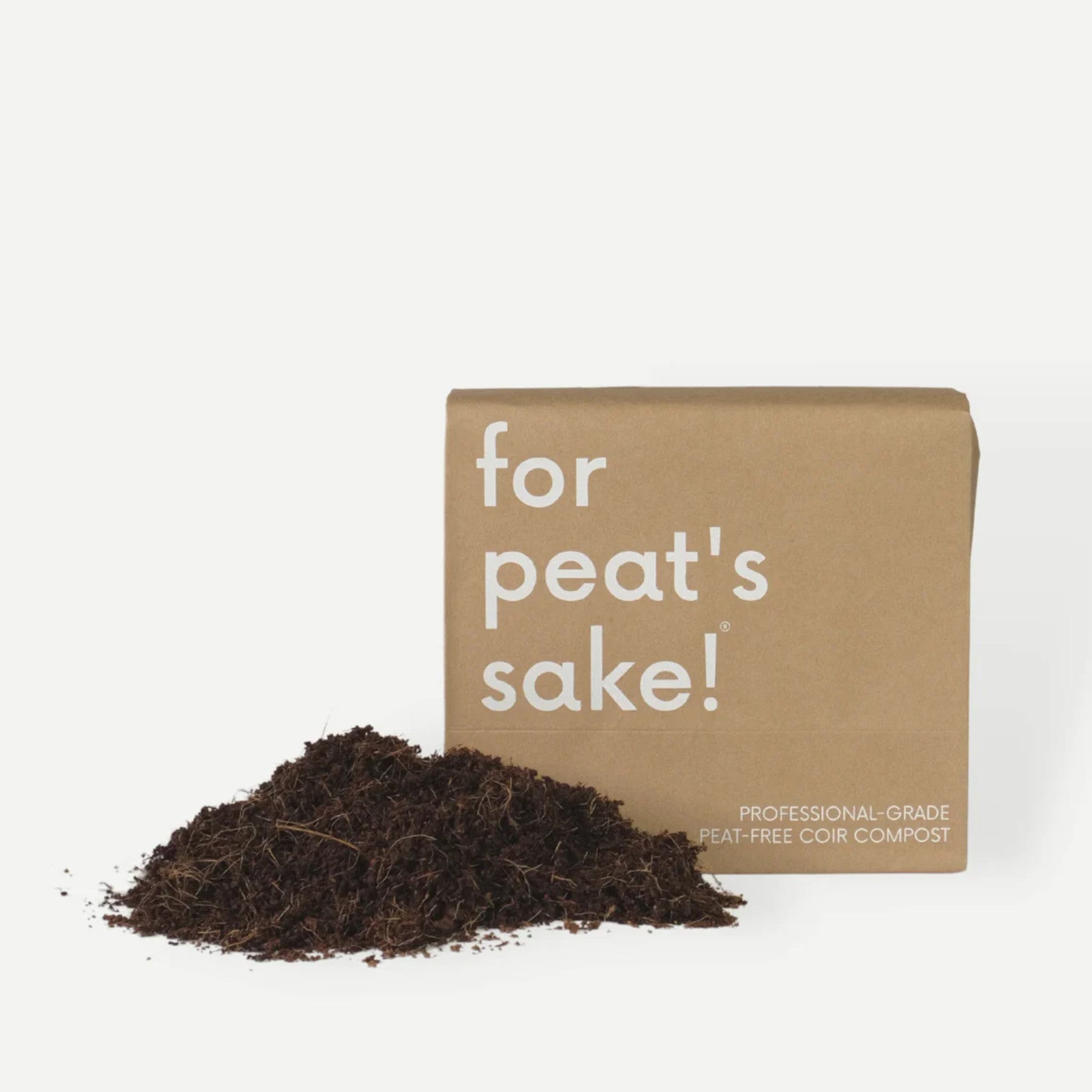 Eco-friendly peat-free coir compost with 'for peat's sake!' branding on cardboard packaging, professional-grade gardening product, isolated on white background.