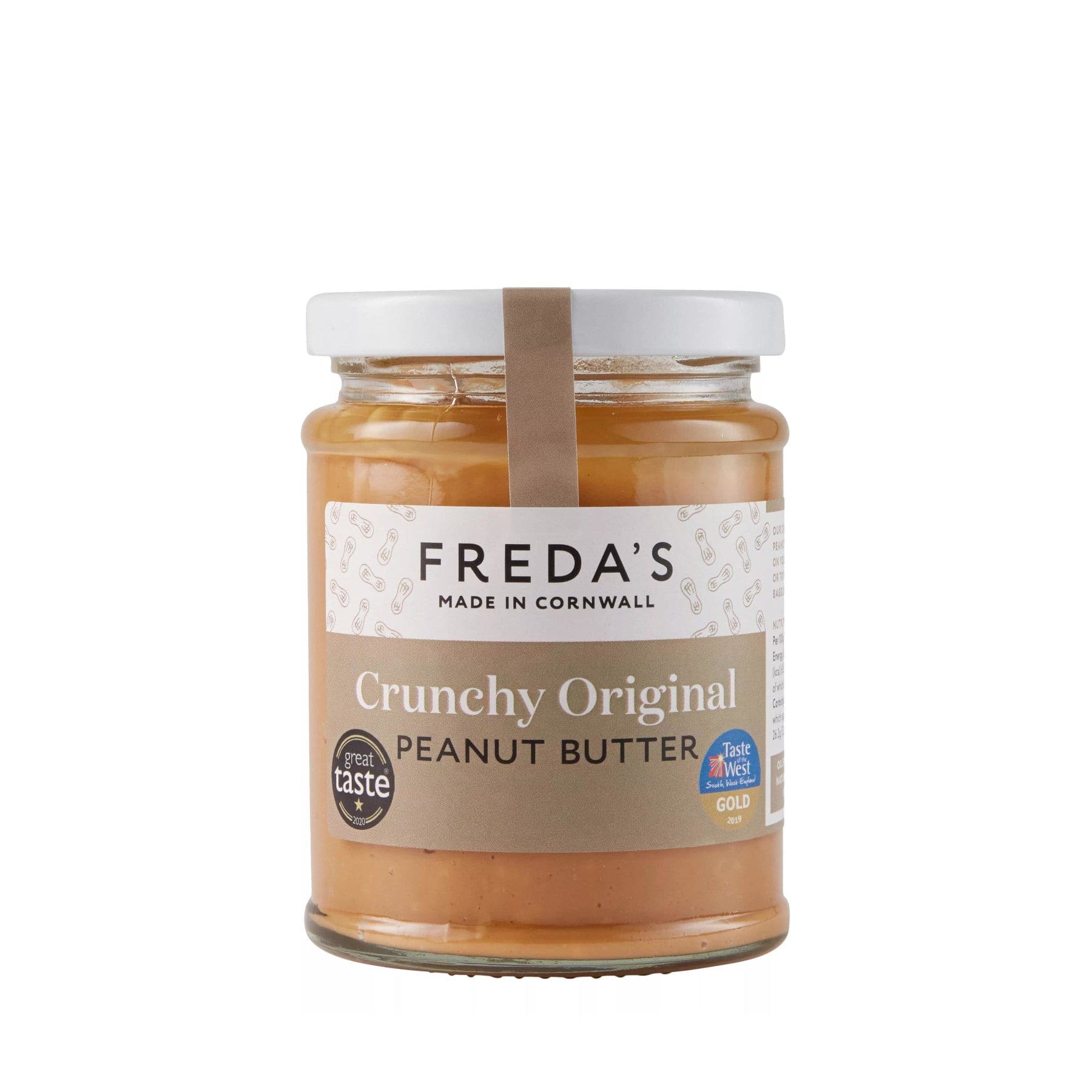 Freda's Crunchy Original Peanut Butter jar, Cornwall-made, award-winning, natural, nut spread on white background.