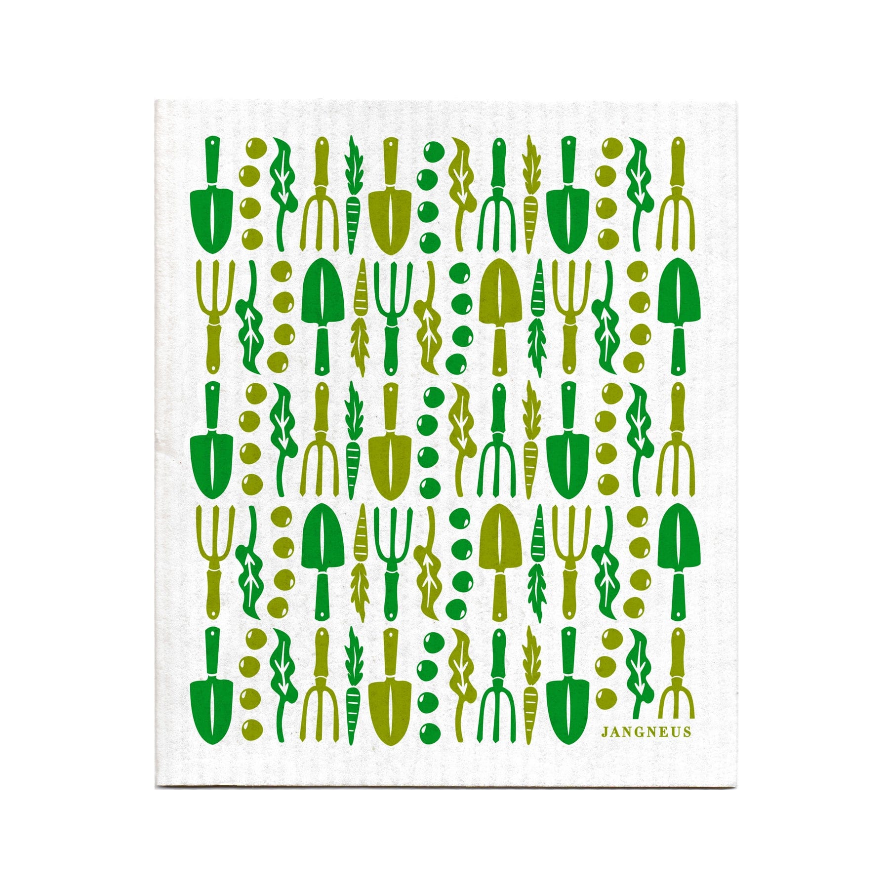 Green and yellow garden tools patterned dish cloth with shovels, rakes, trowels, and plants design on white background by Jangneus