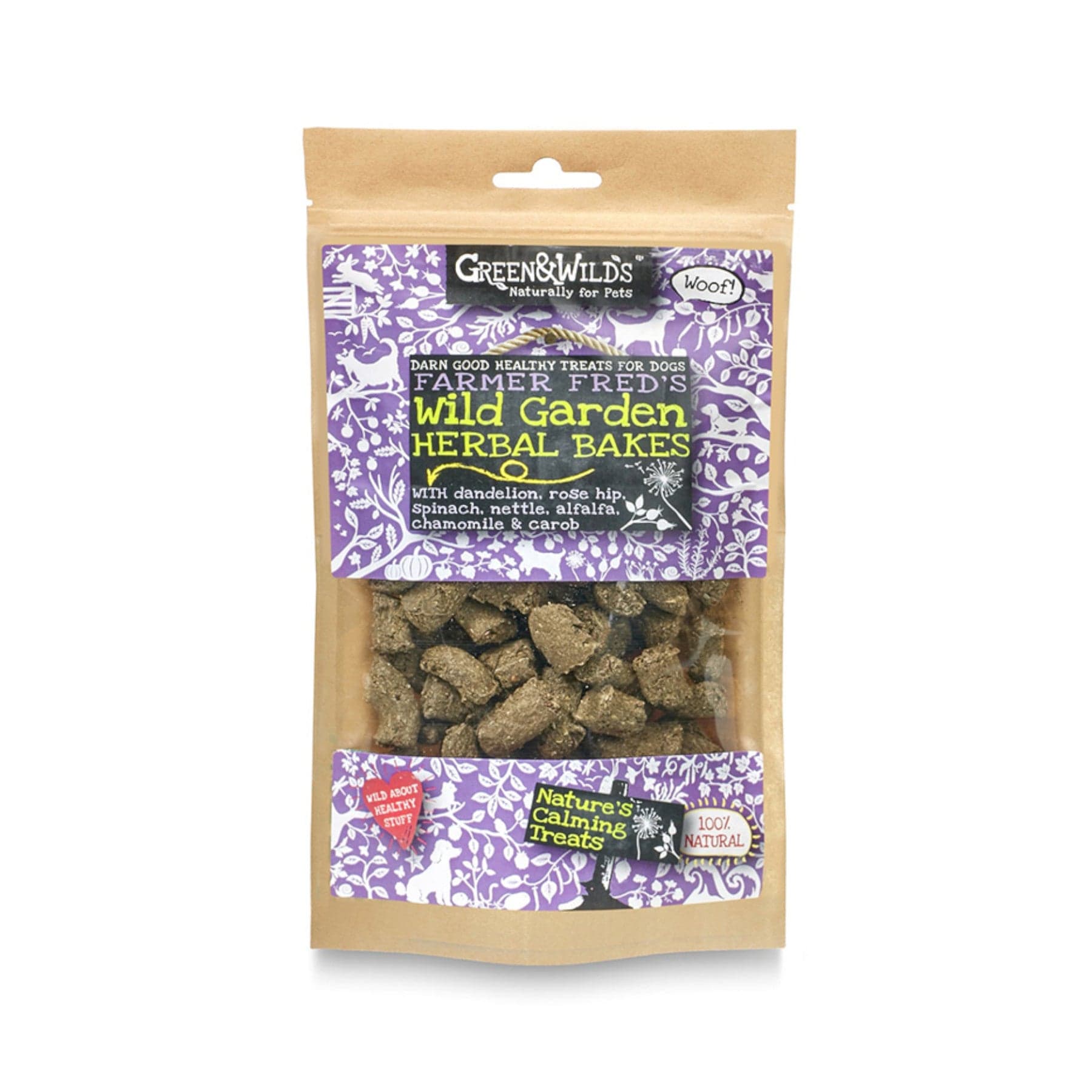 Green & Wilds Farmer Fred's Wild Garden Herbal Bakes dog treats packaging with visible healthy ingredients such as dandelion, rose hip, spinach, nettle, alfalfa, chamomile, and carob.