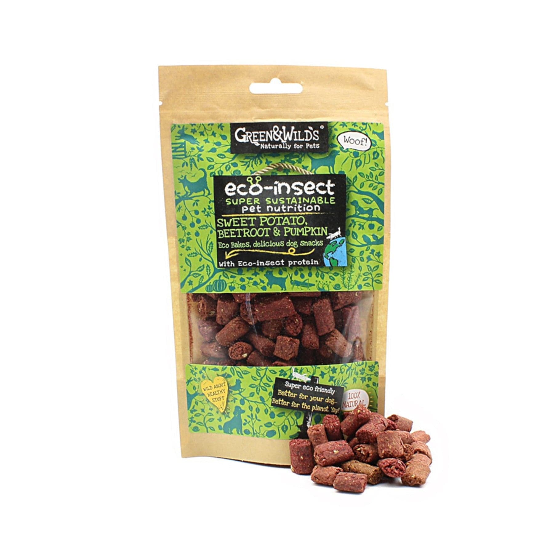 Eco Insect dog treats packaging, Green & Wild's sustainable pet nutrition, sweet potato, beetroot, and pumpkin flavor dog snacks with eco-friendly insect protein.