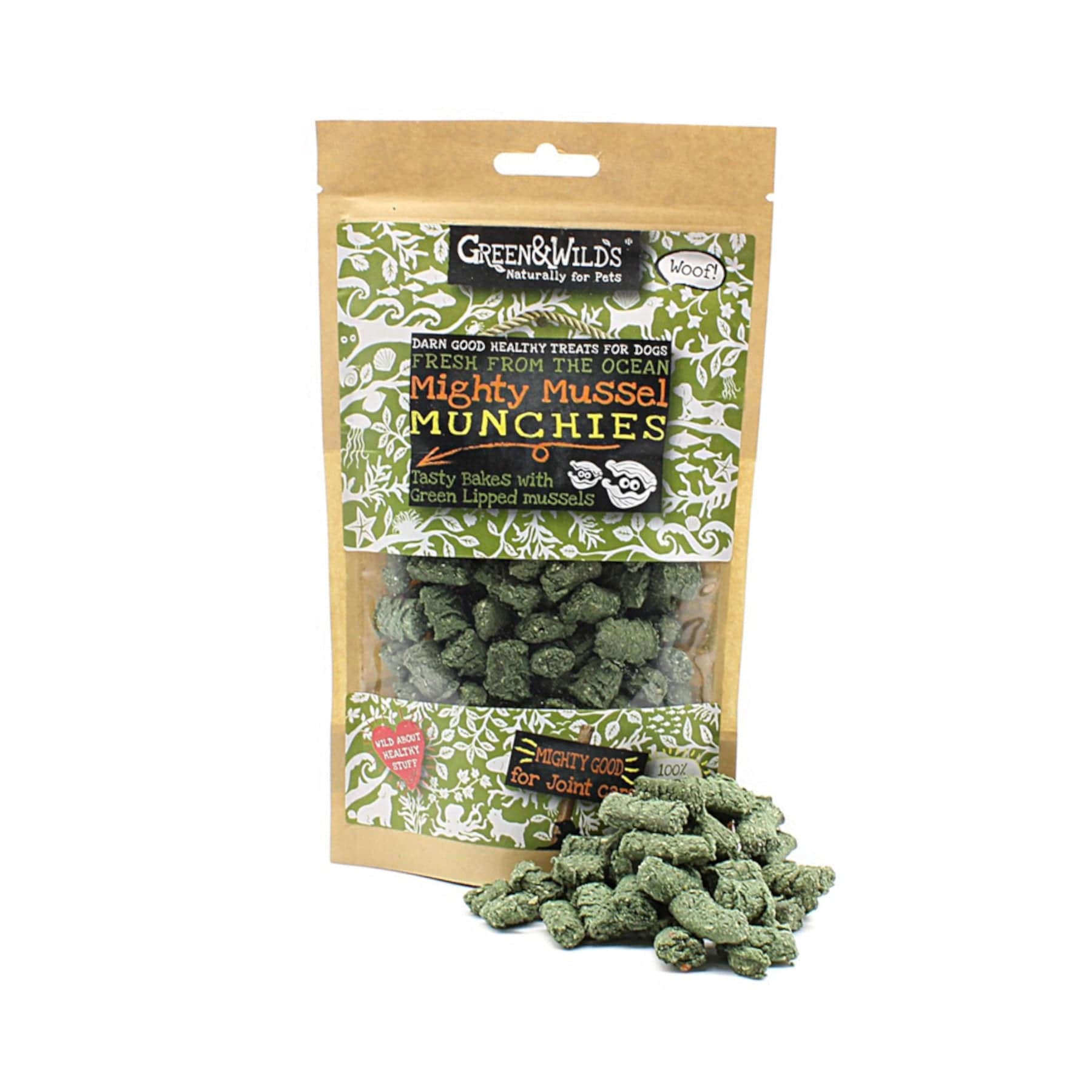 Green & Wild's Mighty Mussel Munchies dog treats packaging with healthy natural snacks for pets, green-lipped mussels bites for joint care displayed in front of the bag.